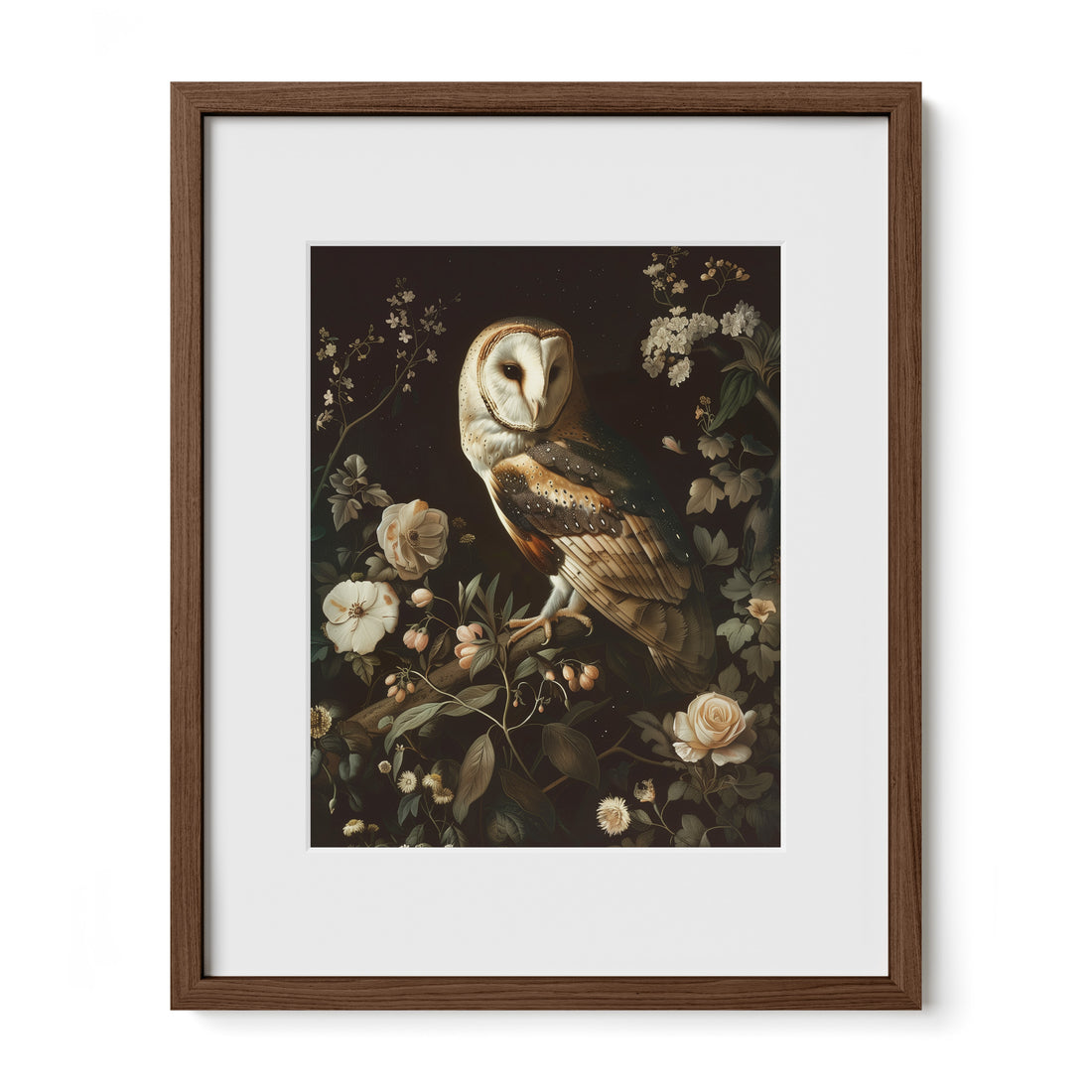 walnut framed romantic owl botanical print with mat
