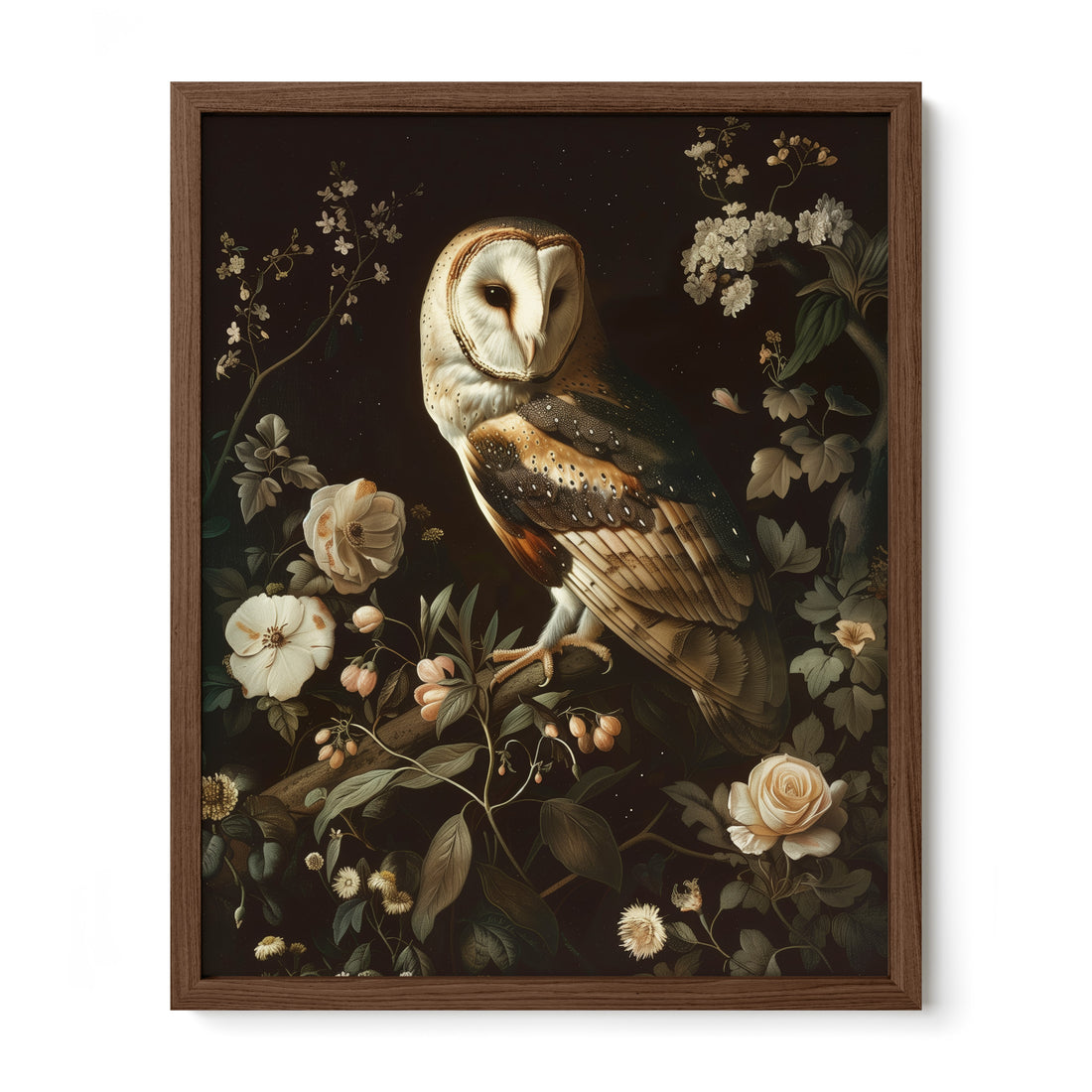 walnut framed gothic owl wildlife wall art print
