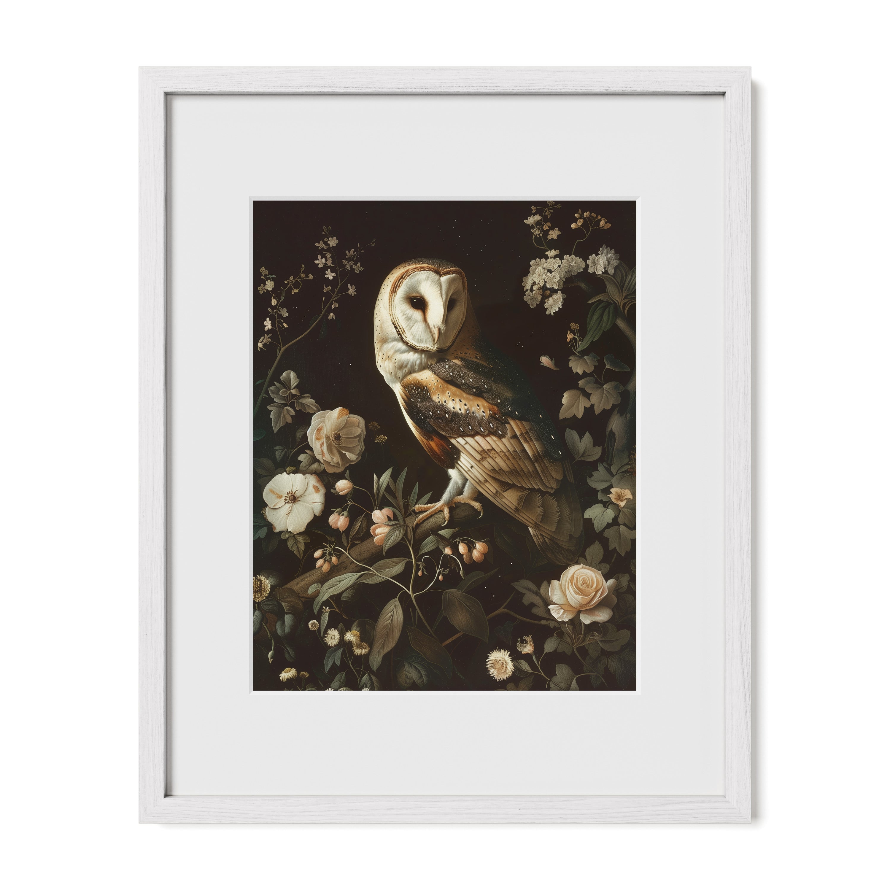 white framed moonlit owl floral wall art print with mat