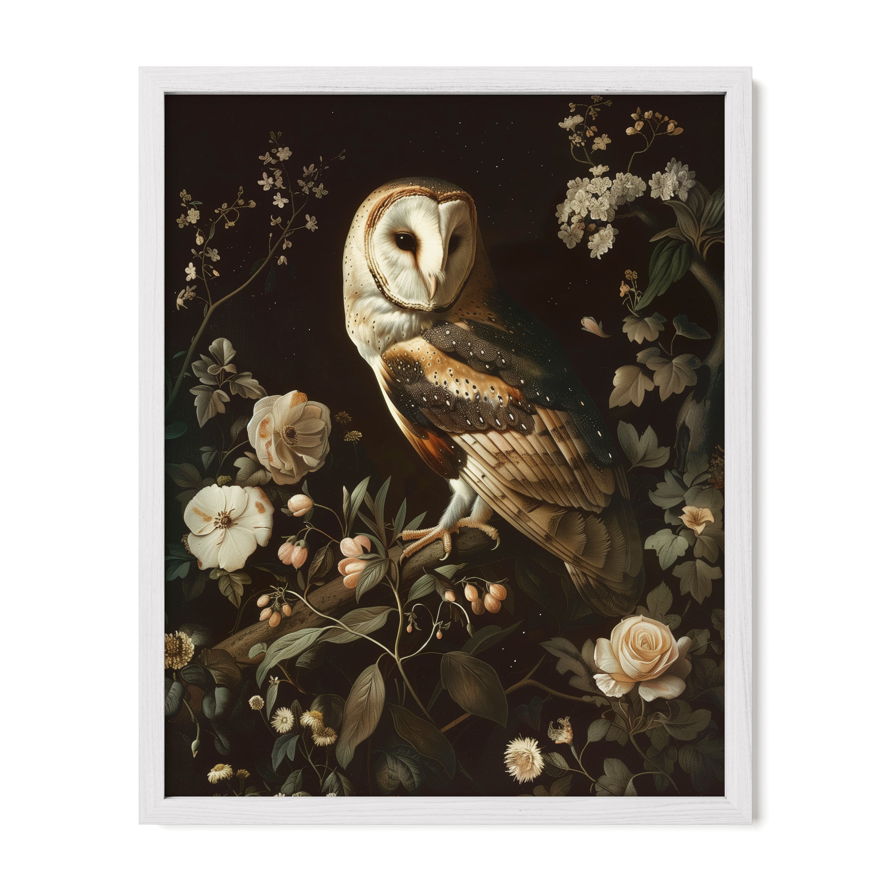 white framed gothic owl wall art print