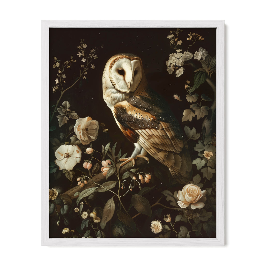 white framed gothic owl wall art print