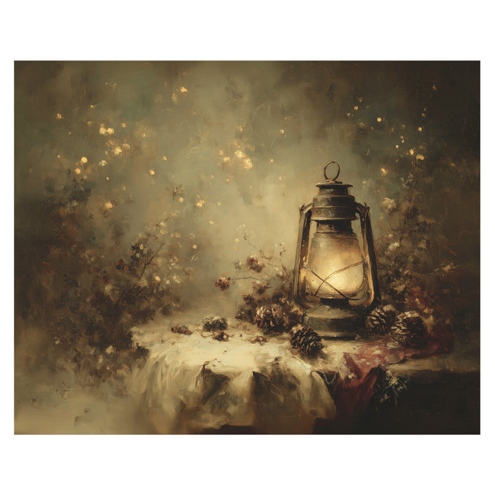 winter cottagecore still life wall art print with glowing lantern and greenery