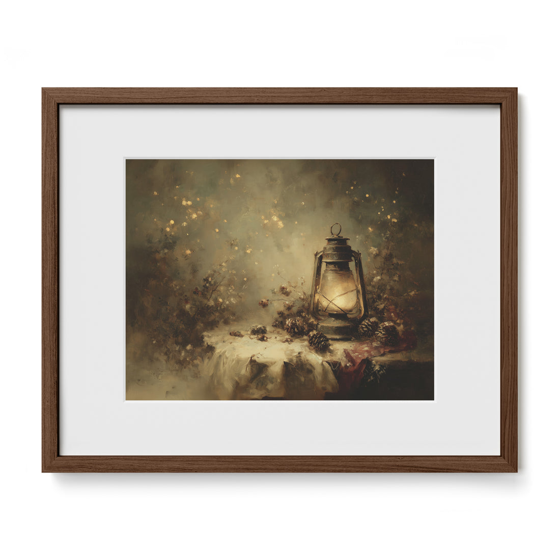 walnut framed christmas cottagecore wall art print with mat