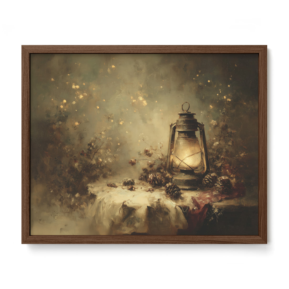 walnut framed winter cottagecore still life wall art print
