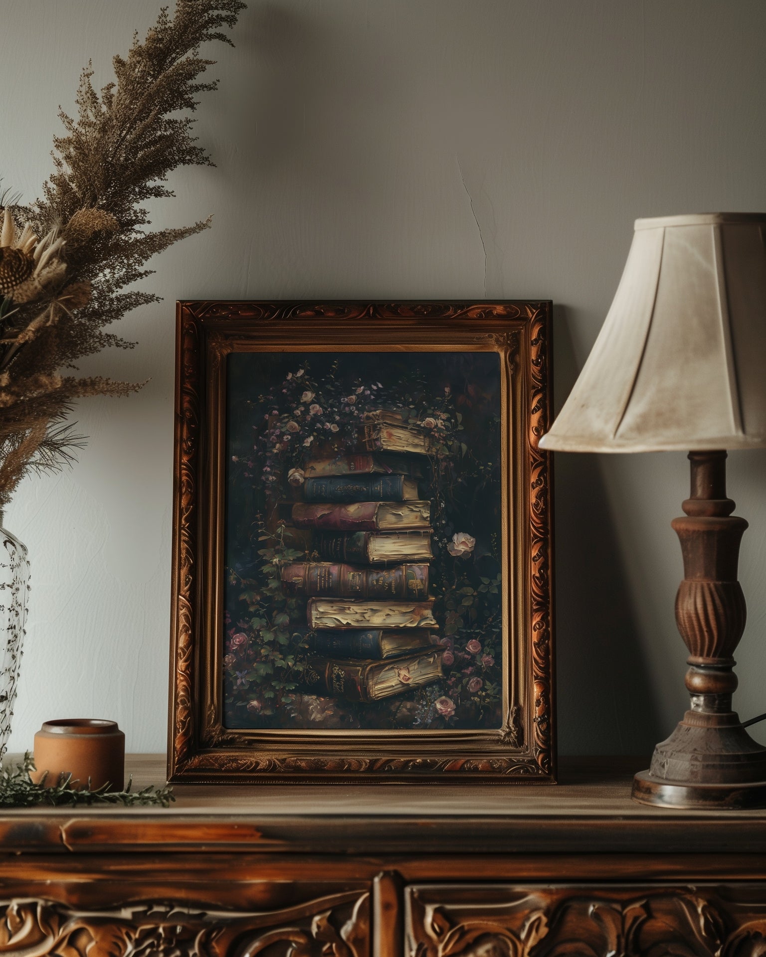 brown vintage framed dark academia book wall art print
