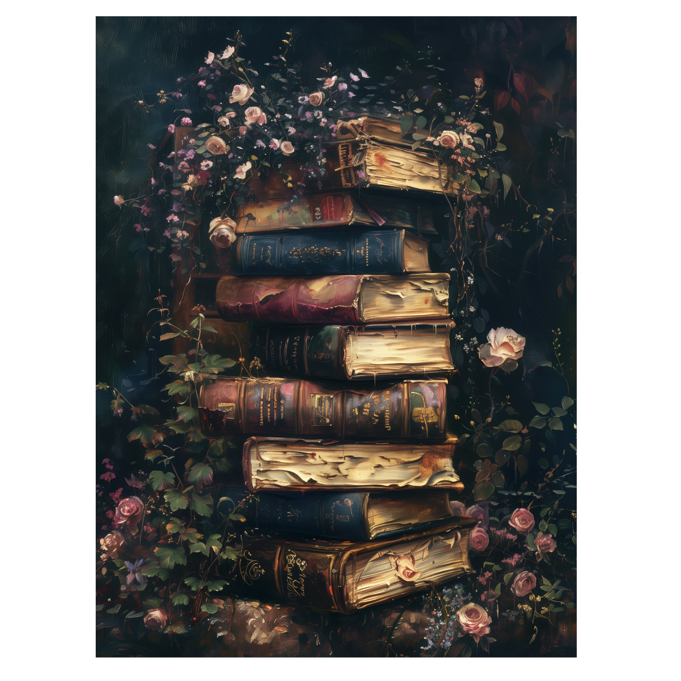 dark academia book wall art print with antique books, roses, and ivy