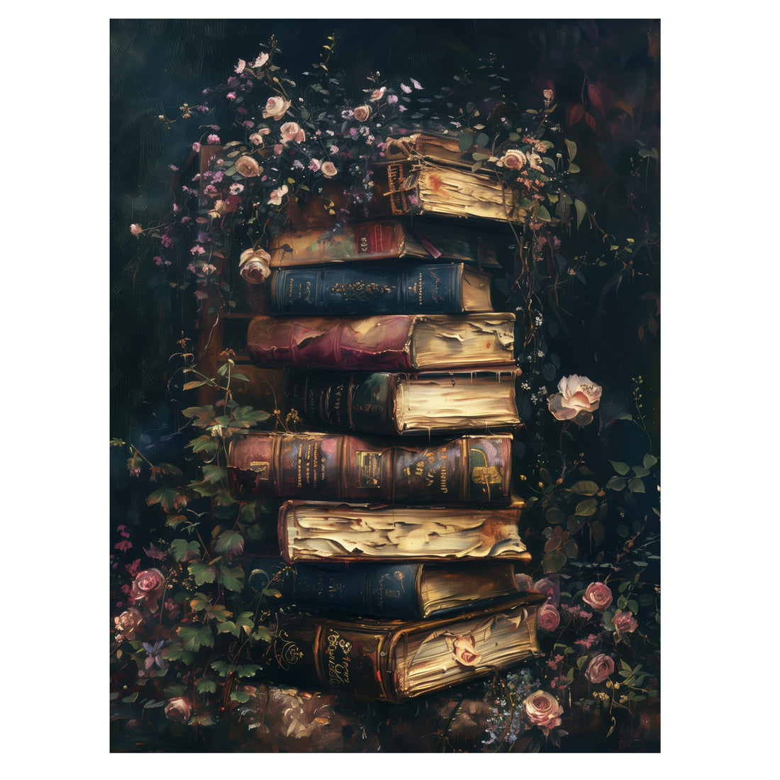 dark academia book wall art print with antique books, roses, and ivy