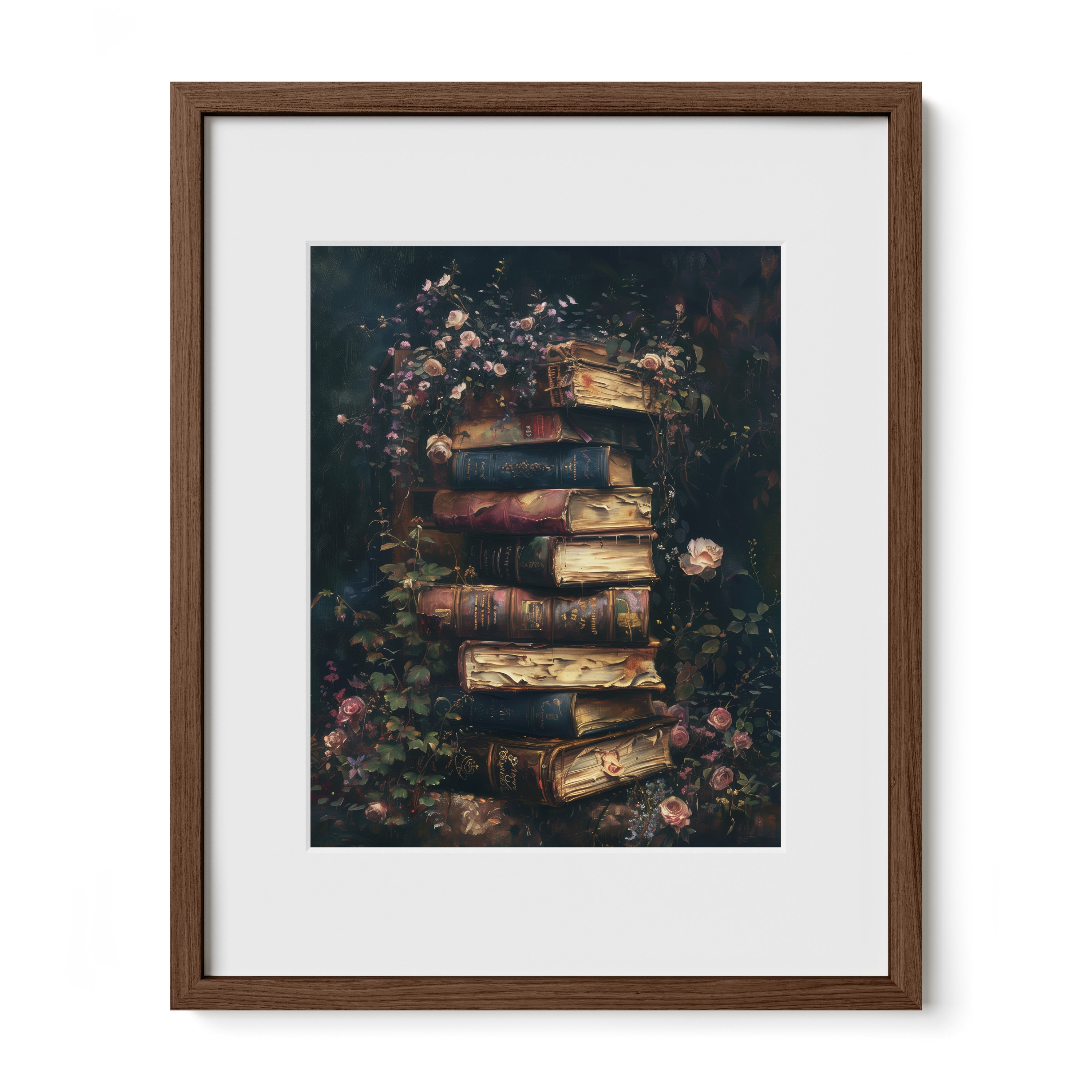 walnut framed romantic book stack art print with mat