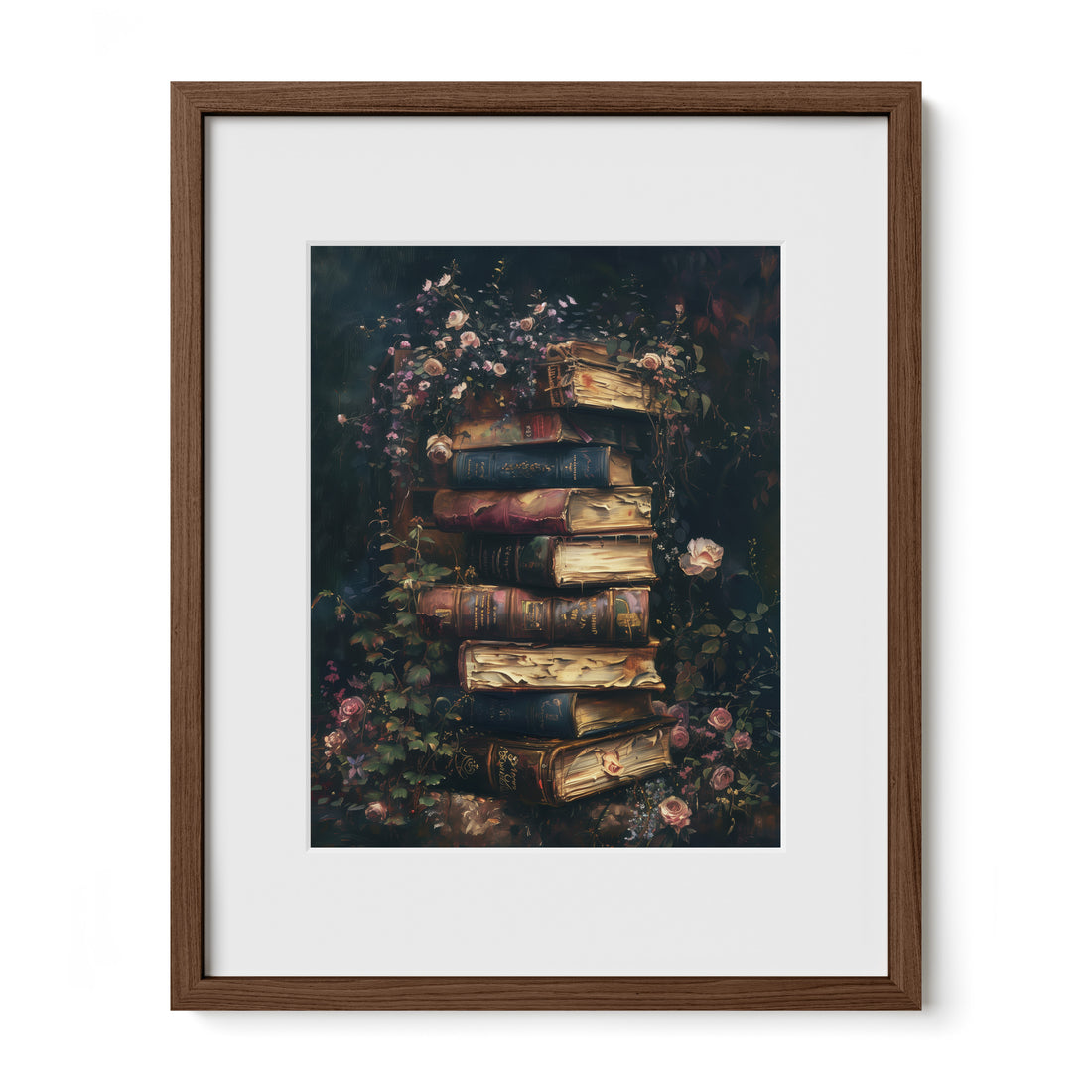 walnut framed romantic book stack art print with mat