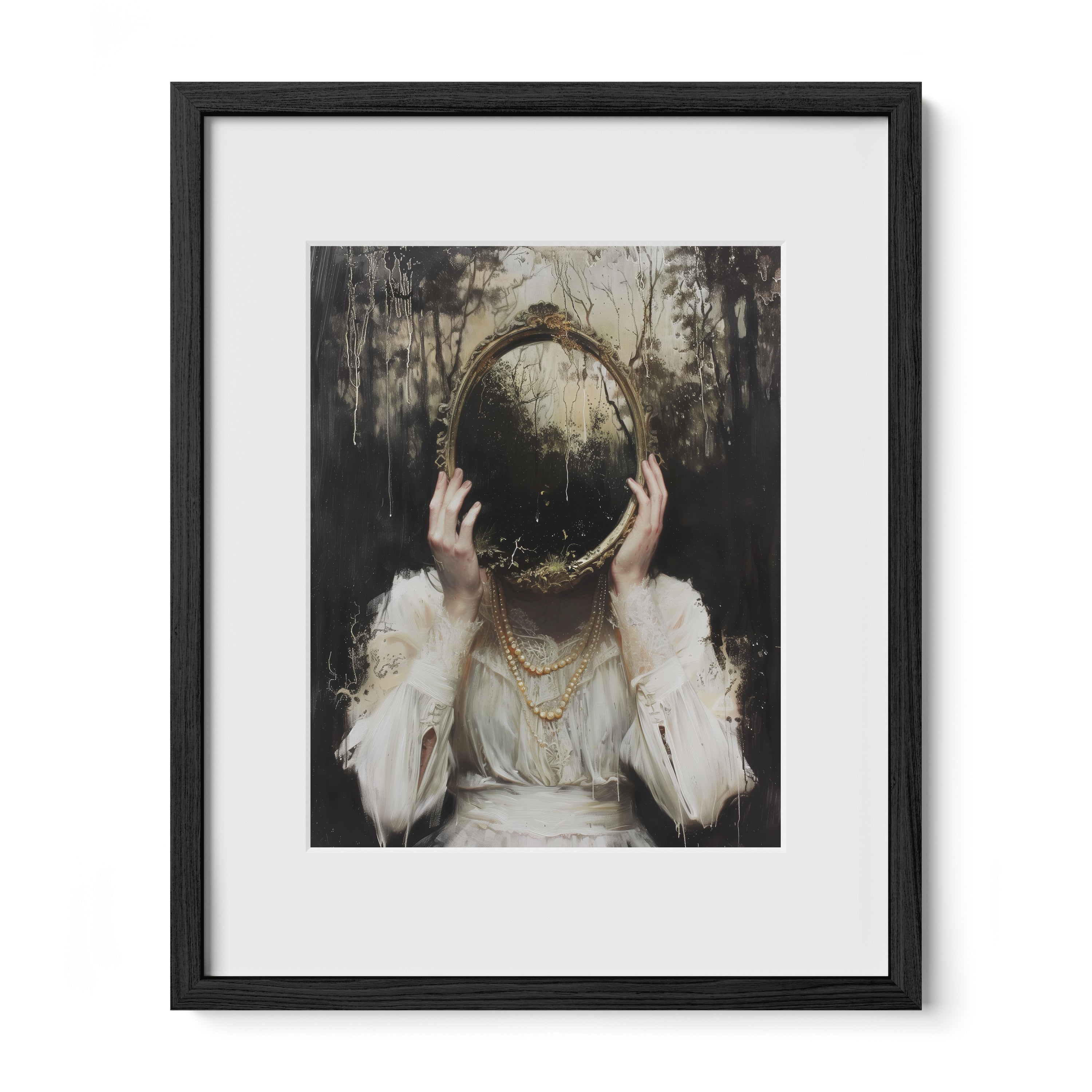 black framed surreal gothic portrait wall art print with mat
