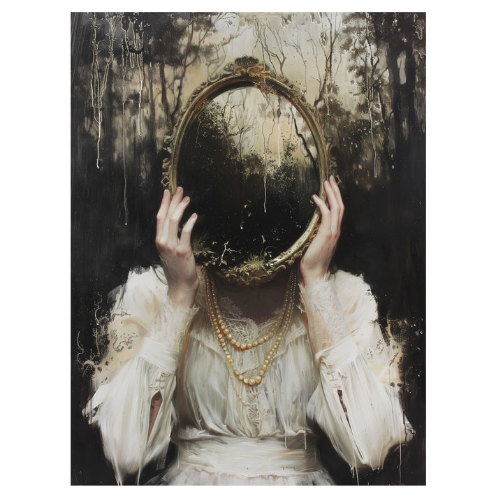 gothic surreal portrait wall art print with woman holding ornate frame and dark forest reflection