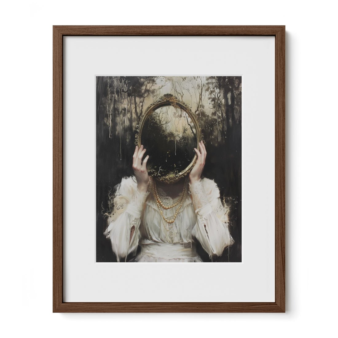 walnut framed dark academia portrait wall art print with mat