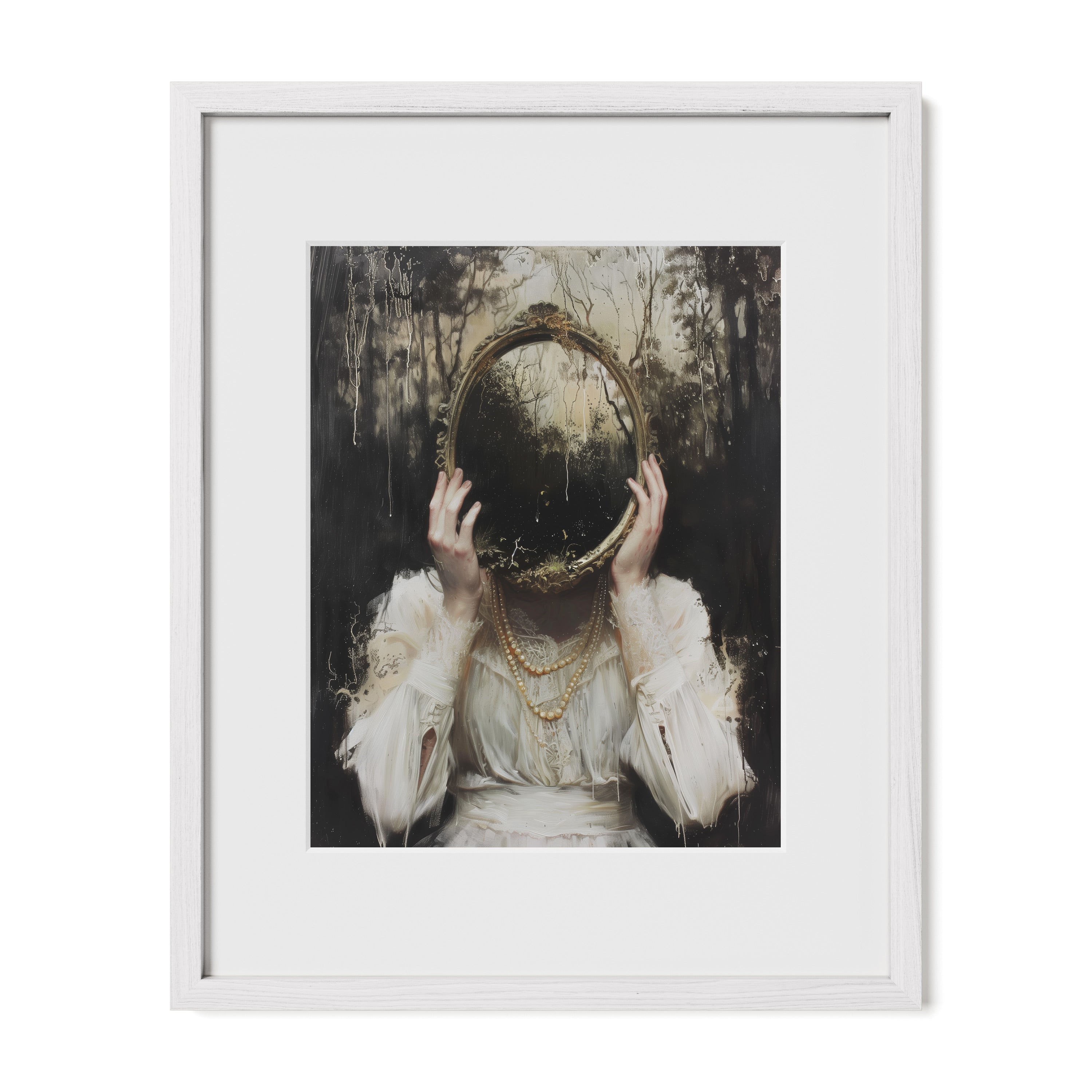 white framed ghostly portrait wall art print with mat