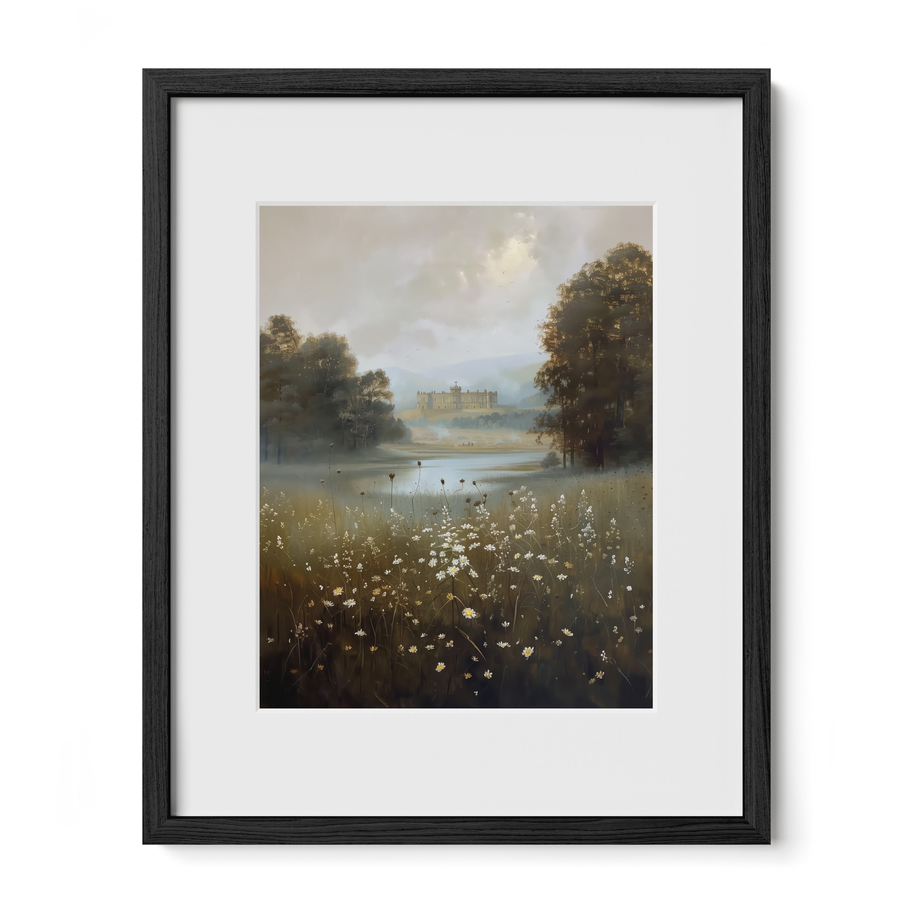 black framed pemberley landscape wall art print with mat