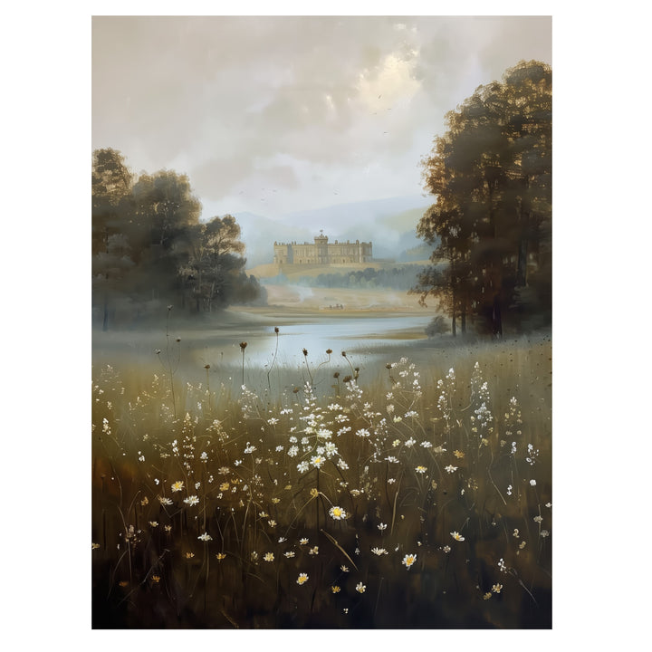 pemberley inspired romantic landscape wall art print with riverside manor and misty meadow