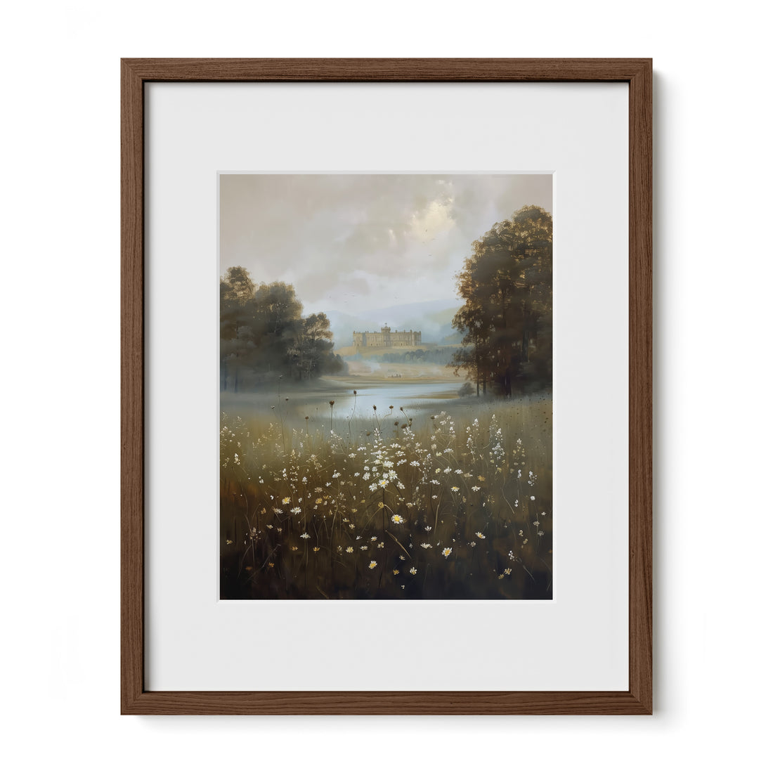 walnut framed romantic manor landscape print with mat