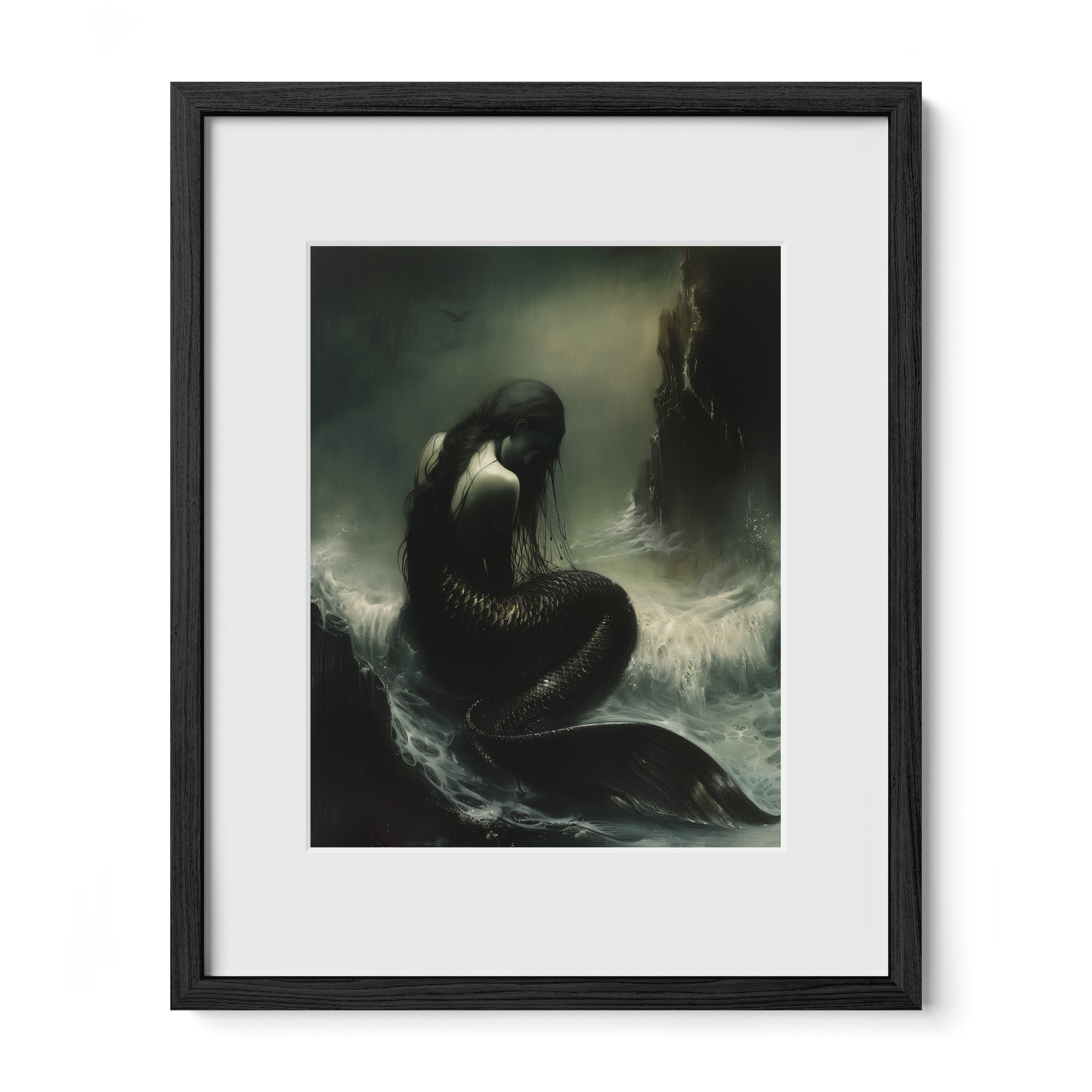 black framed mermaid folklore wall art print with mat