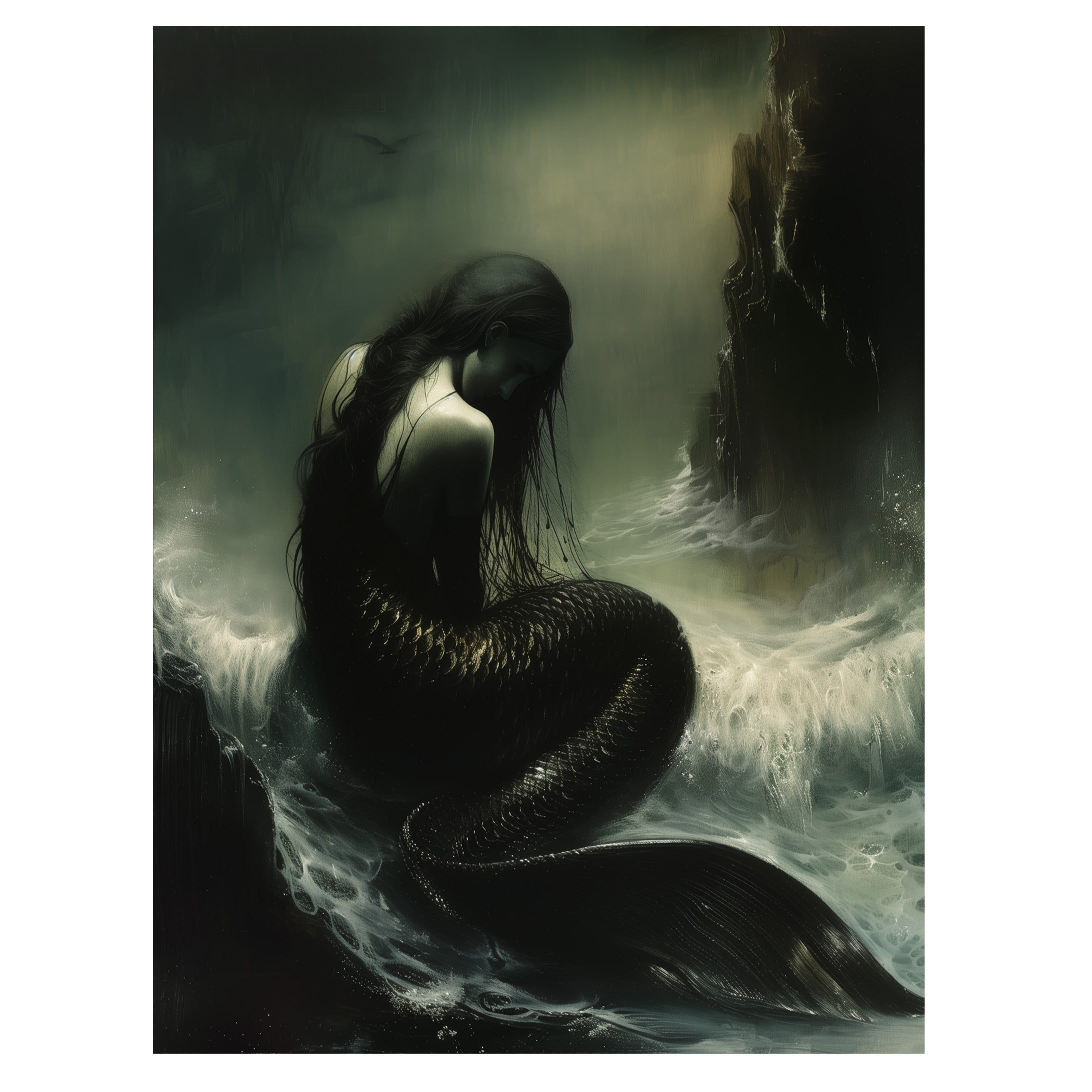 gothic siren wall art print with dark mermaid in shadowed ocean waves
