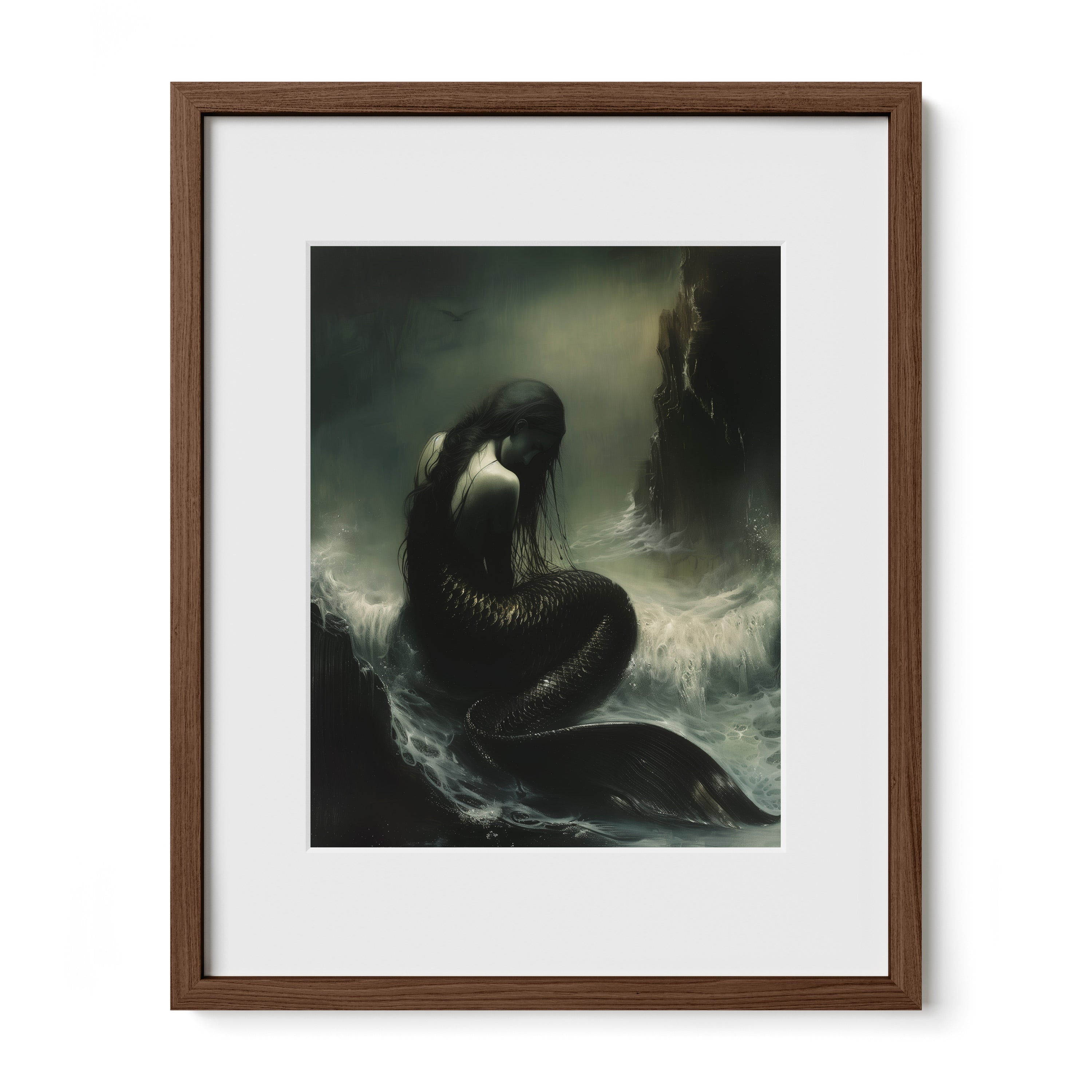 walnut framed dark siren coastal wall art print with mat