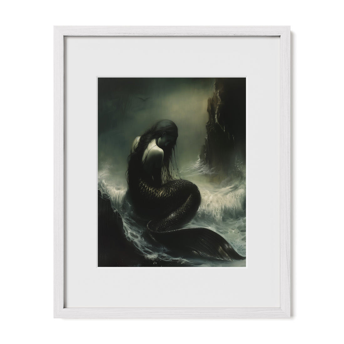 white framed mythic mermaid wall art print with mat