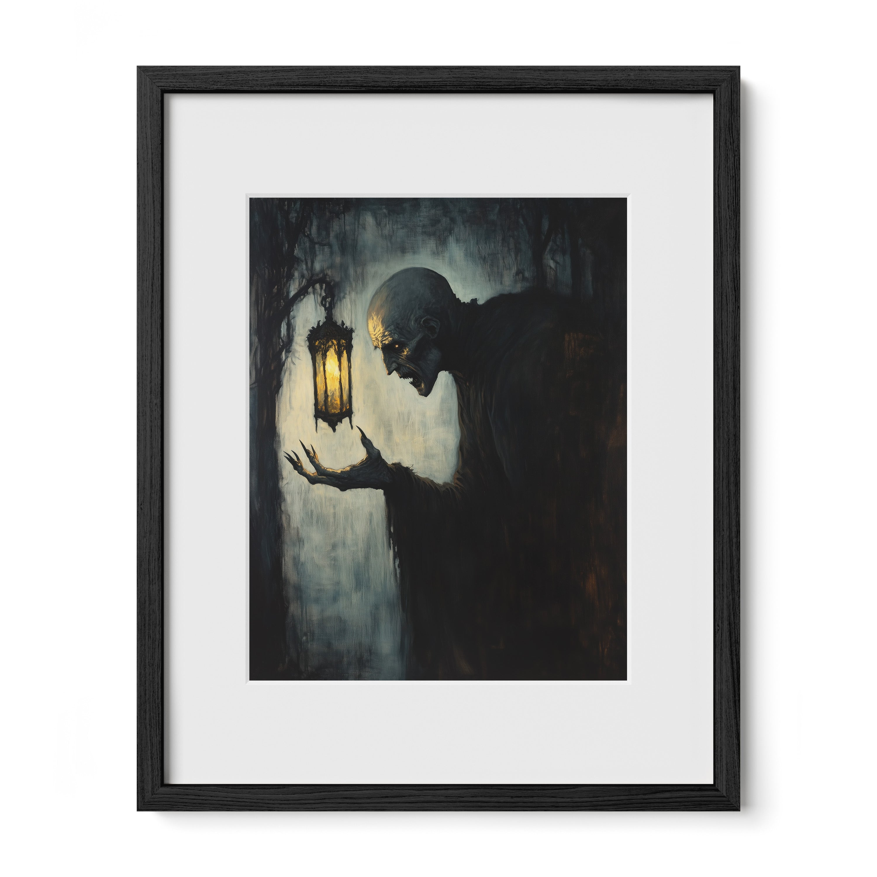 black framed gothic vampire wall art print with mat