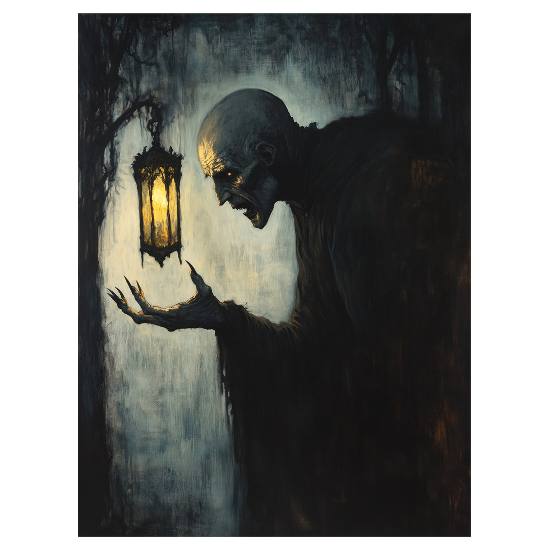 gothic vampire wall art print with shadowed figure holding glowing lantern