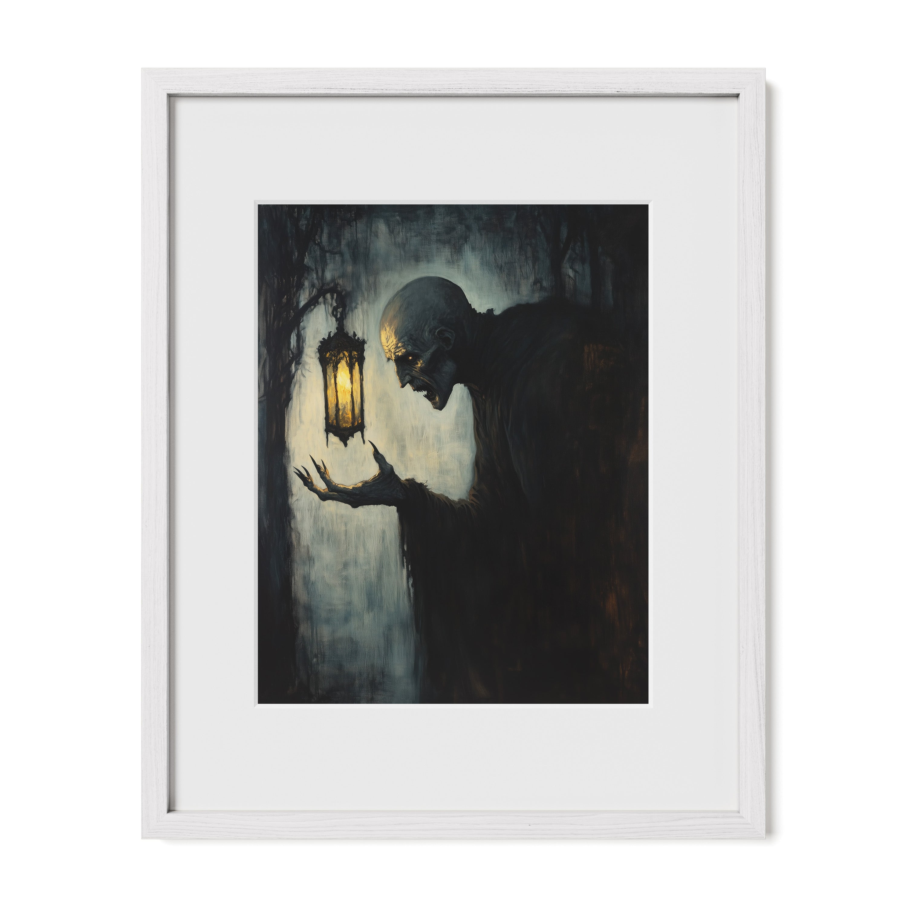 white framed gothic vampire wall art print with mat