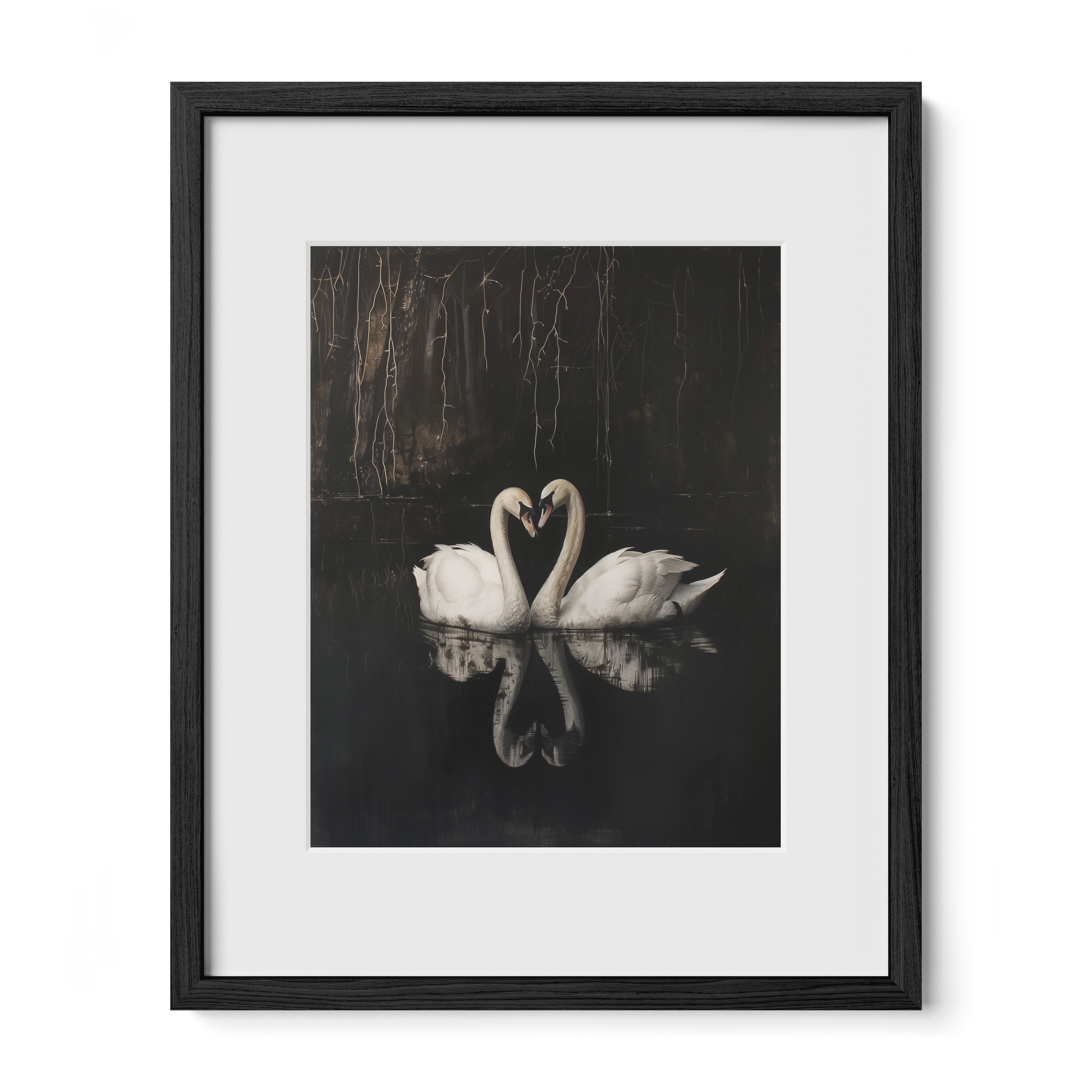 black framed romantic swan wall art print with mat