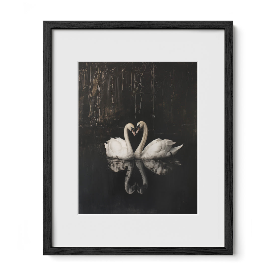 black framed romantic swan wall art print with mat
