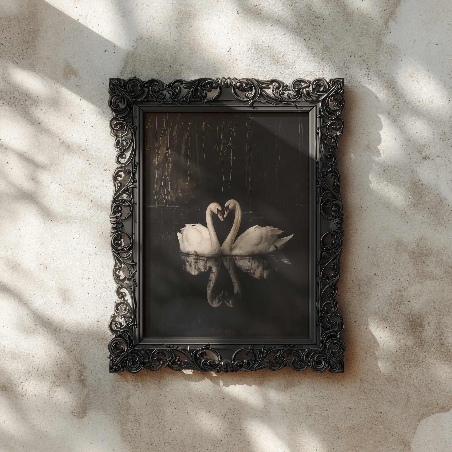 black framed ornate gothic swan reflection wall art print