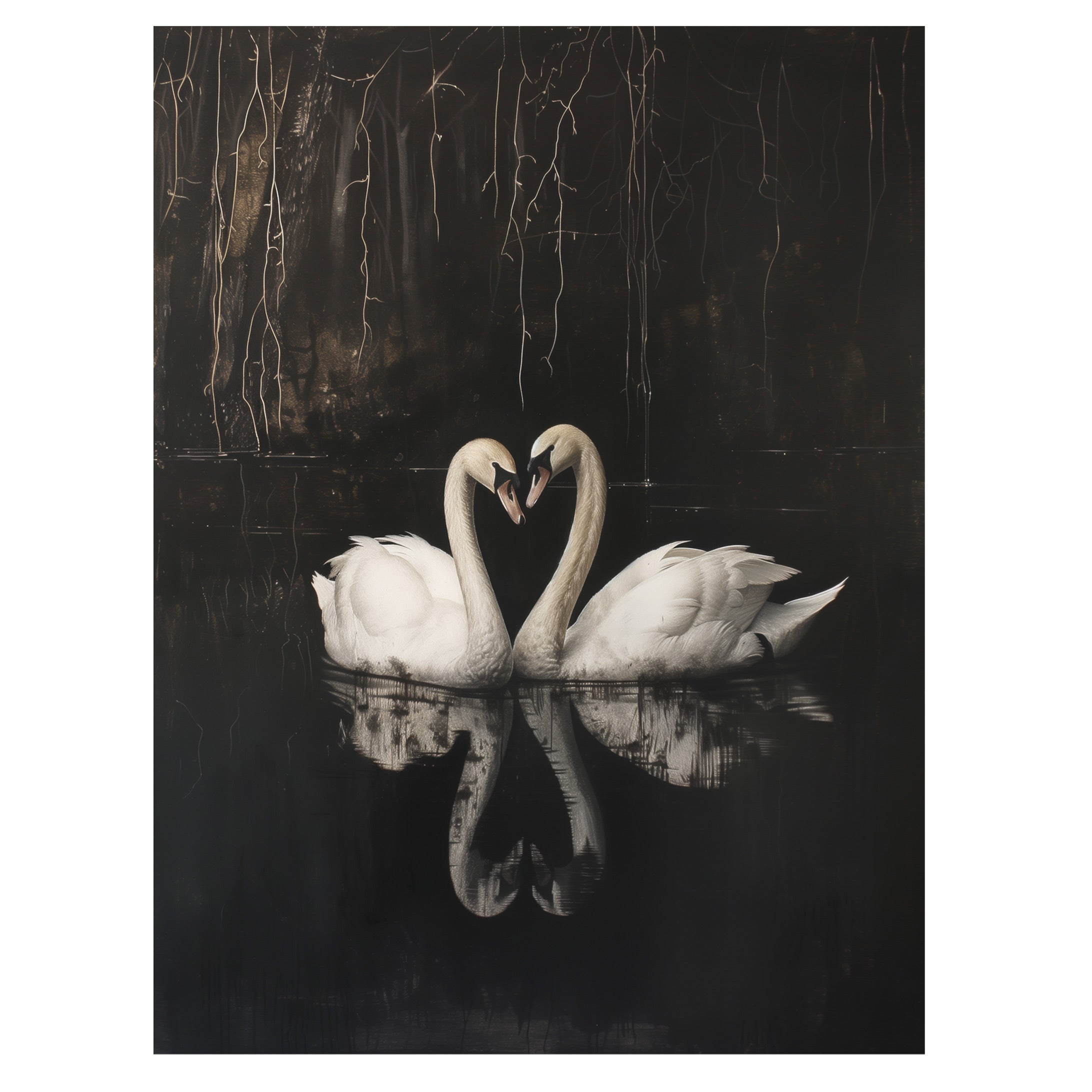 gothic swan reflection wall art print with two swans mirrored on dark water