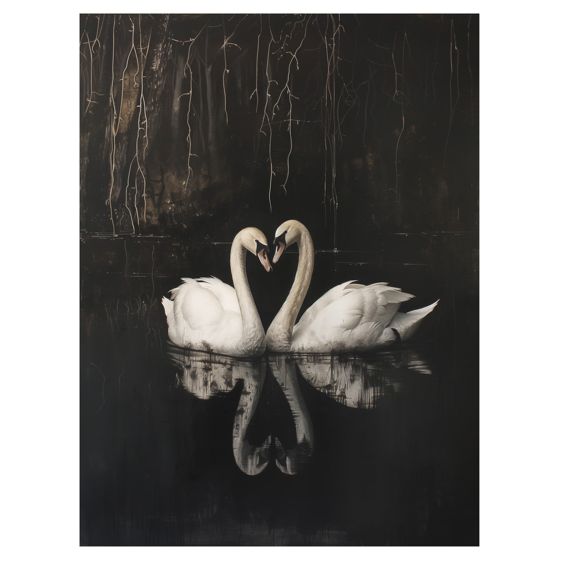 gothic swan reflection wall art print with two swans mirrored on dark water