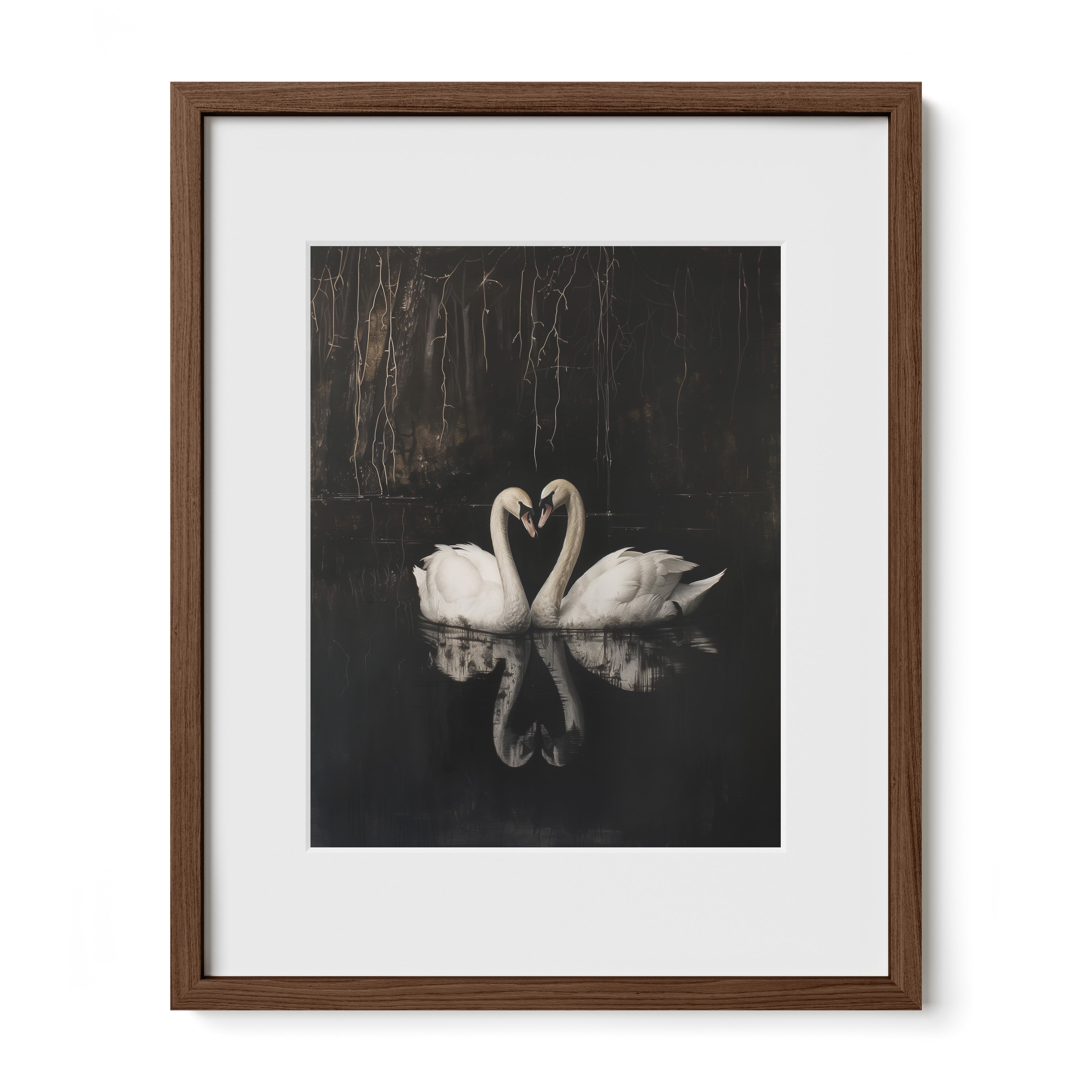 walnut framed dark romantic swan wall art print with mat