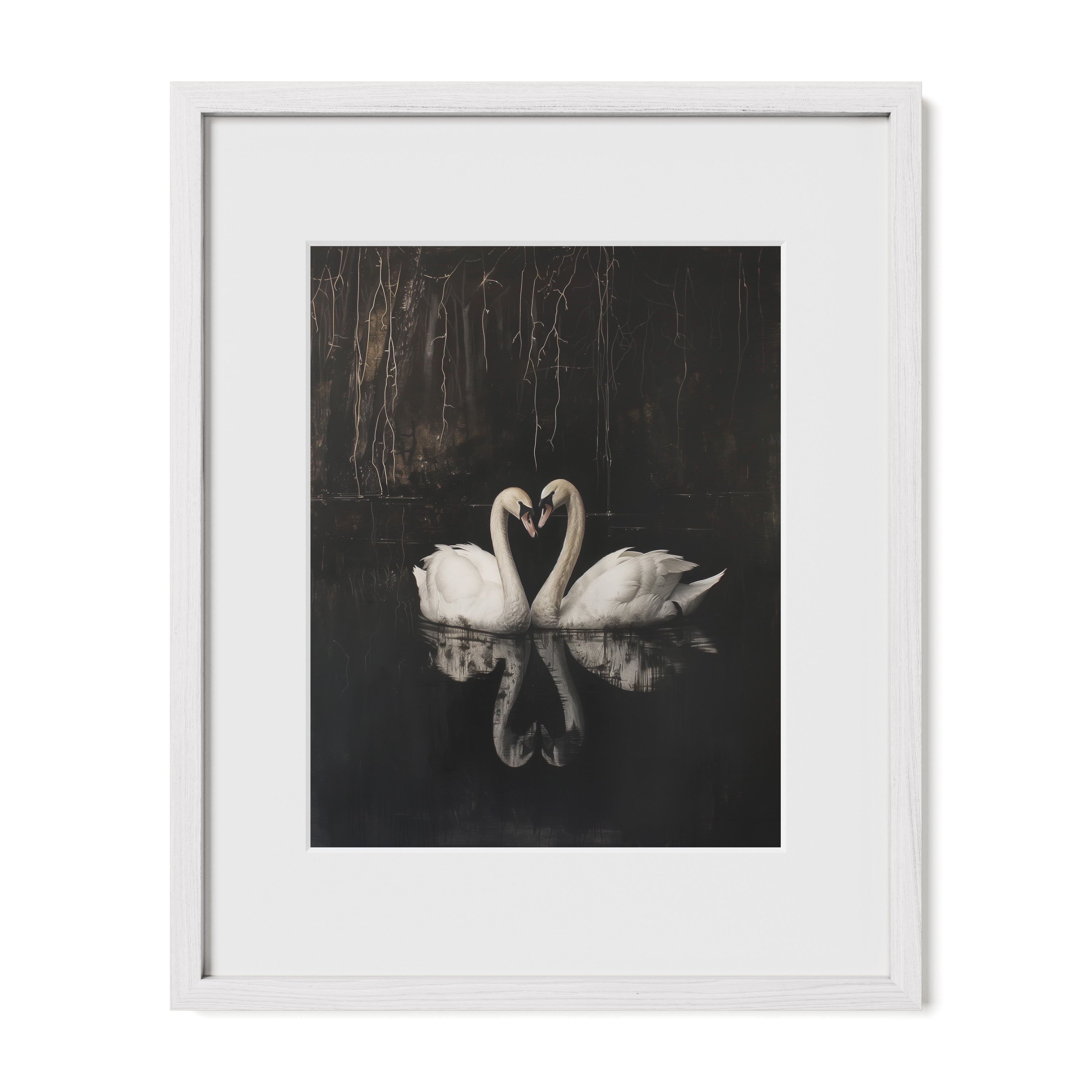 white framed symbolic swan reflection wall art print with mat