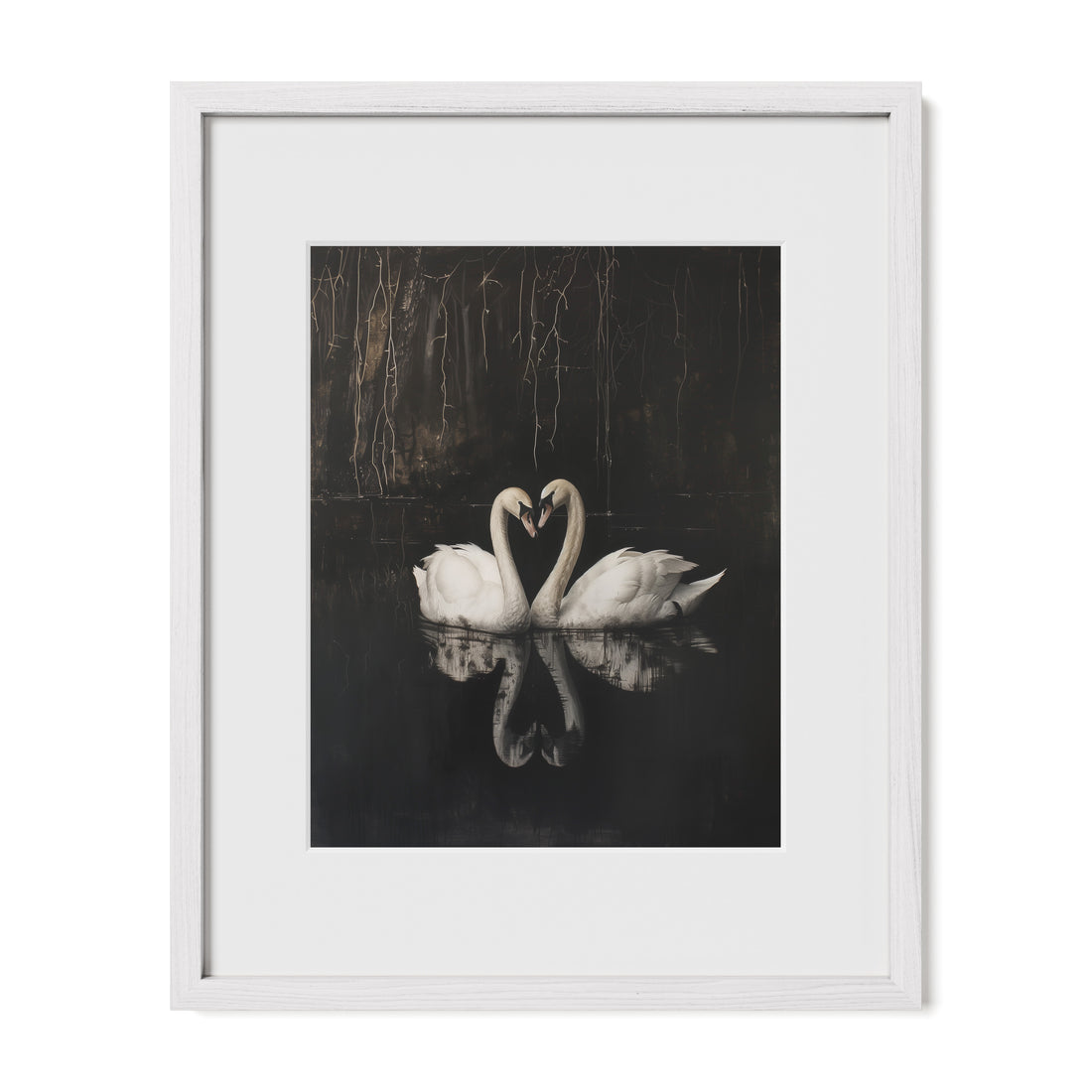 white framed symbolic swan reflection wall art print with mat