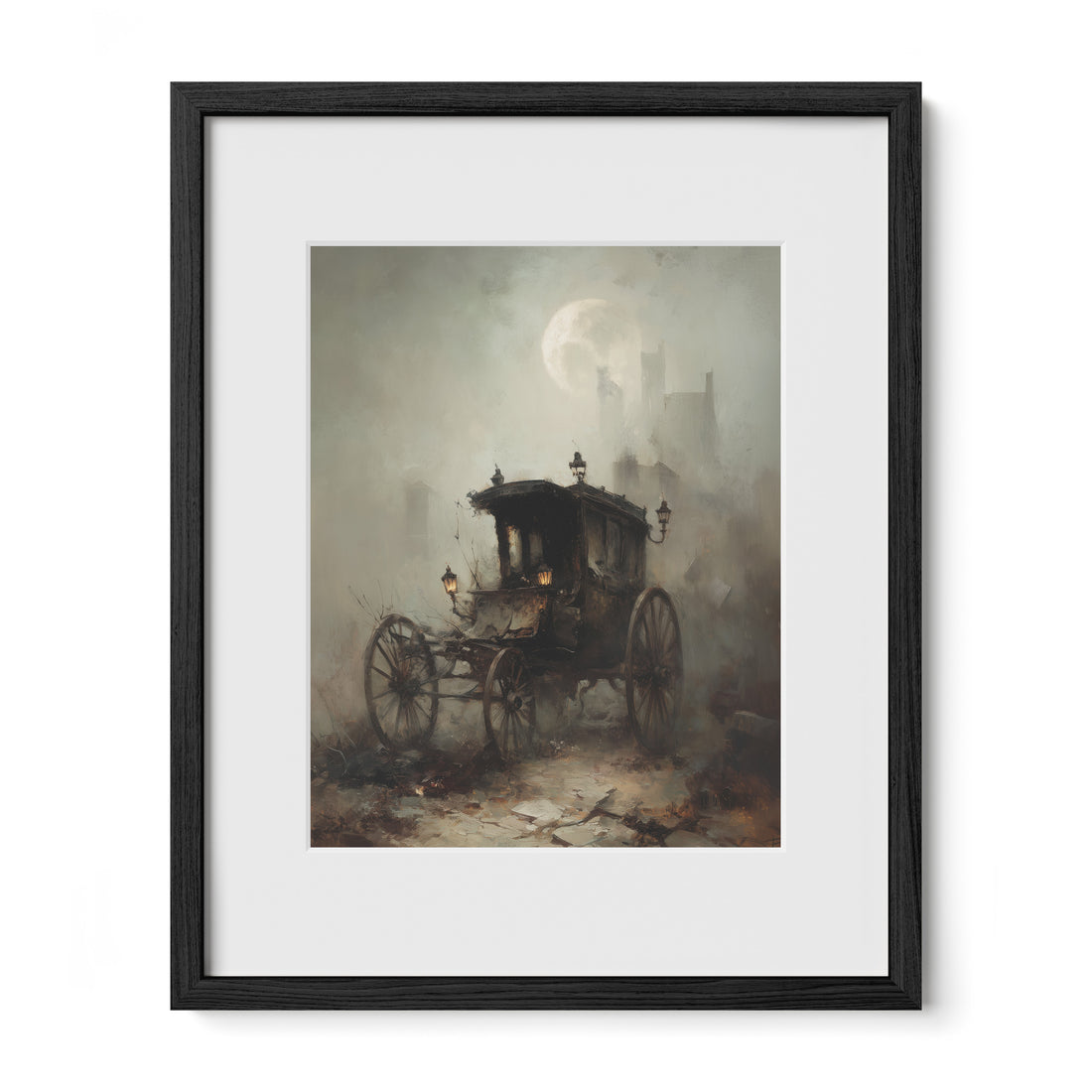 black framed moonlit carriage wall art print with mat