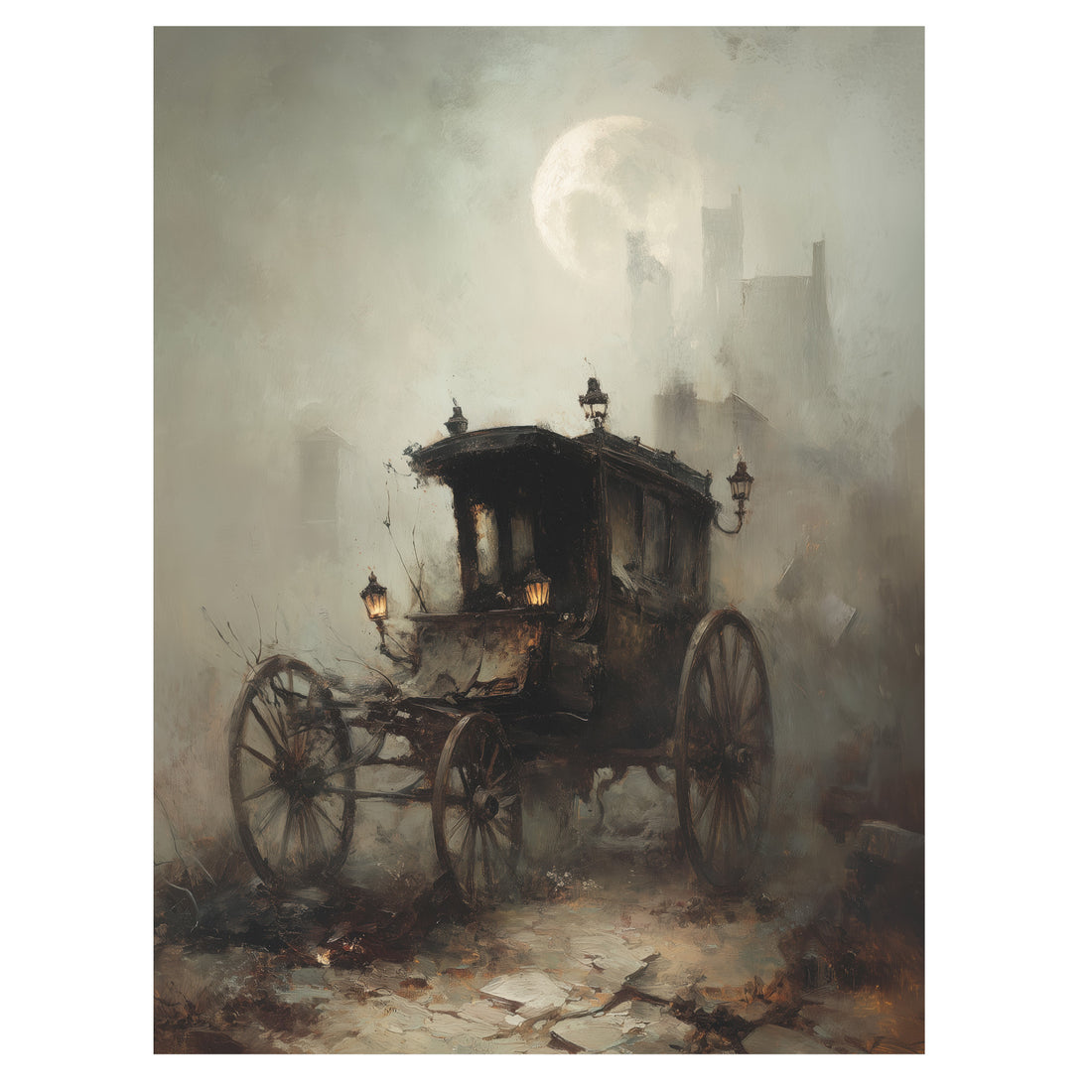 gothic Victorian wall art print with moonlit carriage among ruined architecture