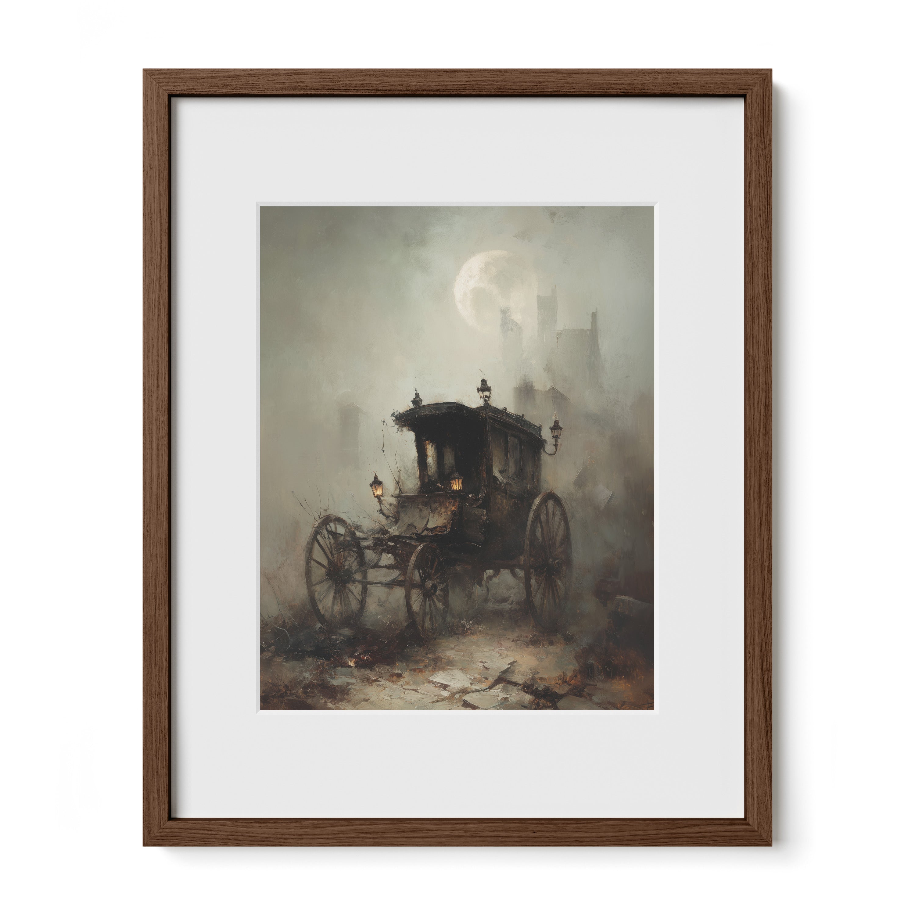 walnut framed Victorian carriage wall art print with mat