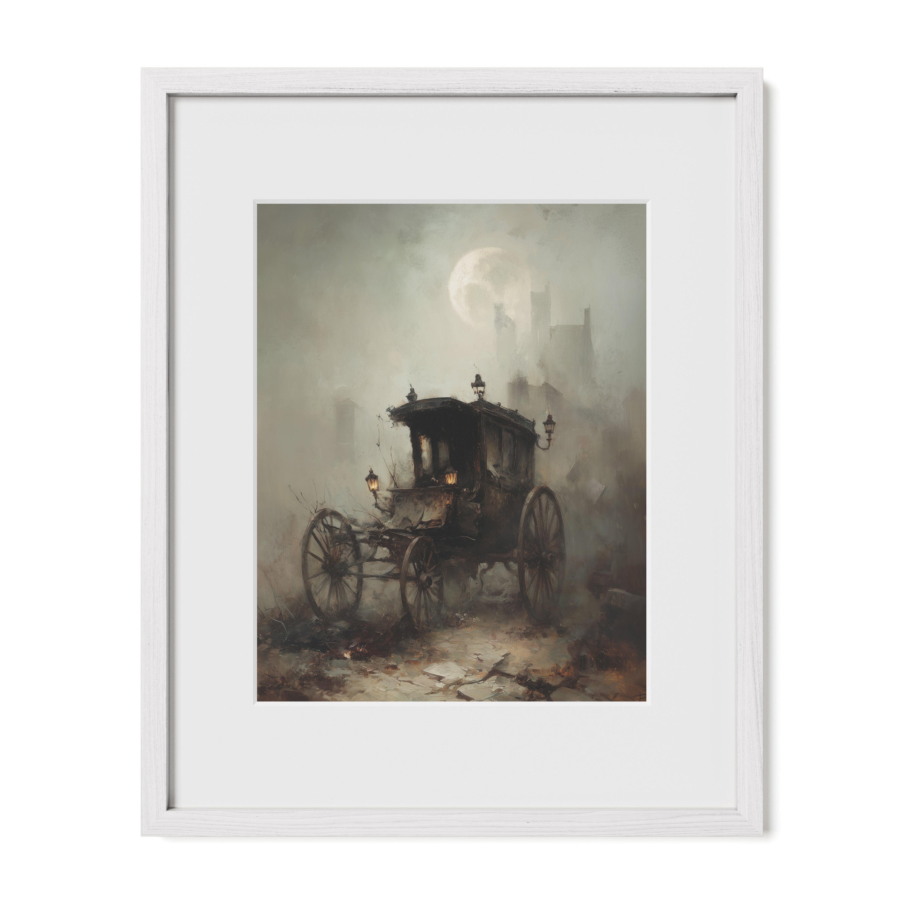 white framed antique carriage wall art print with mat