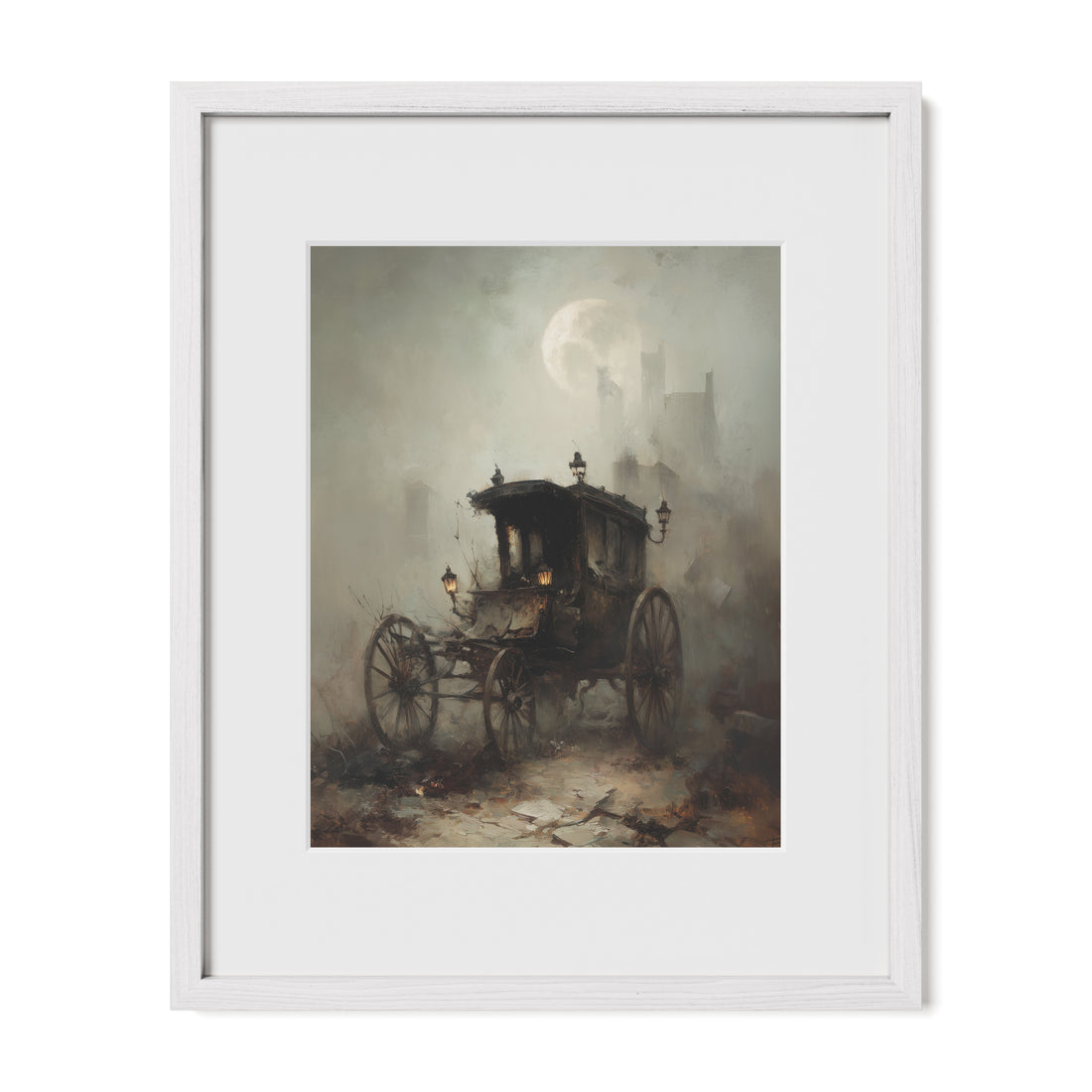 white framed antique carriage wall art print with mat