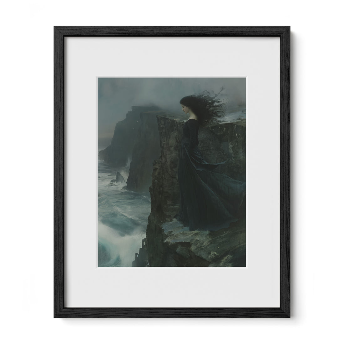 black framed dark romantic coastal wall art print with mat