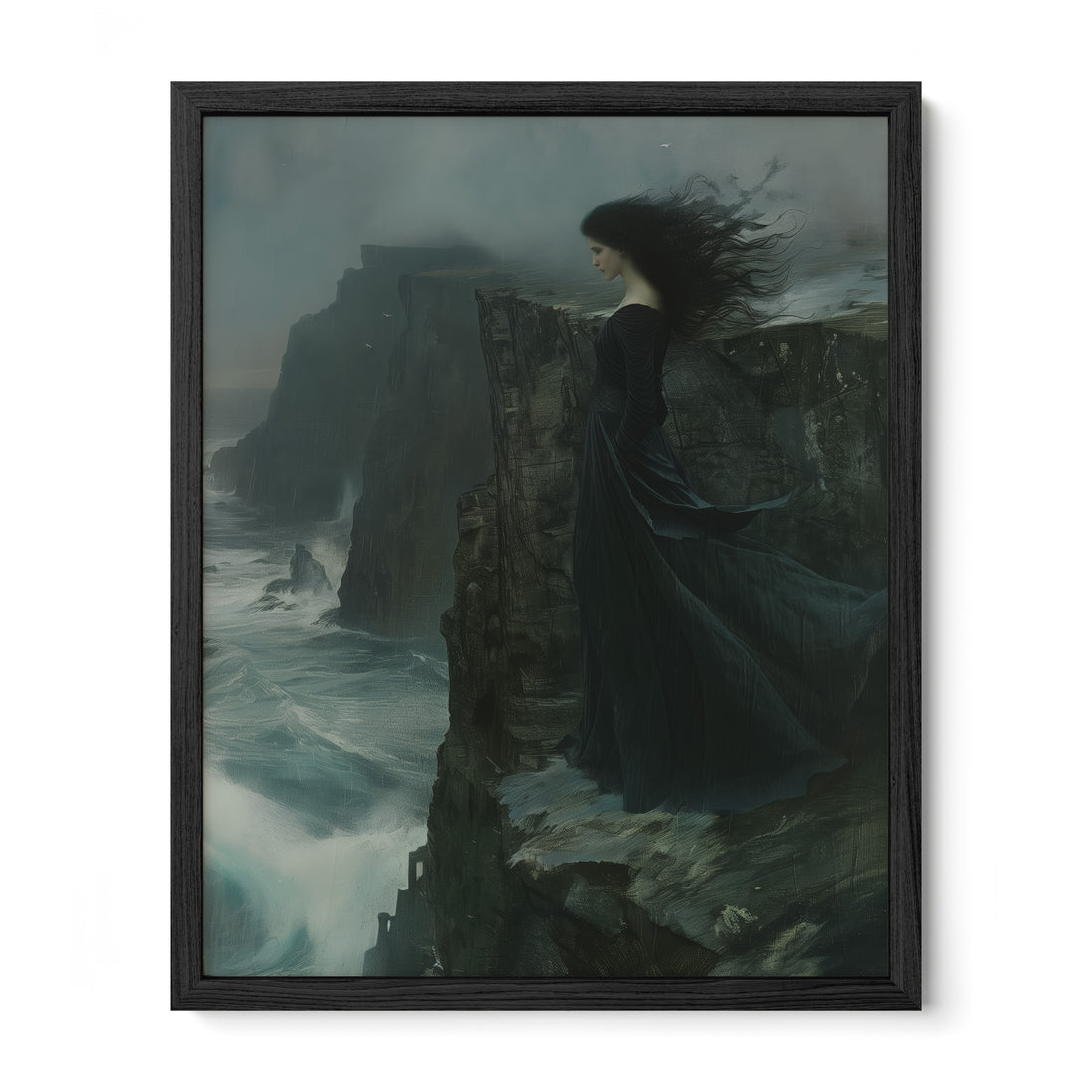 black framed gothic coastal woman wall art print
