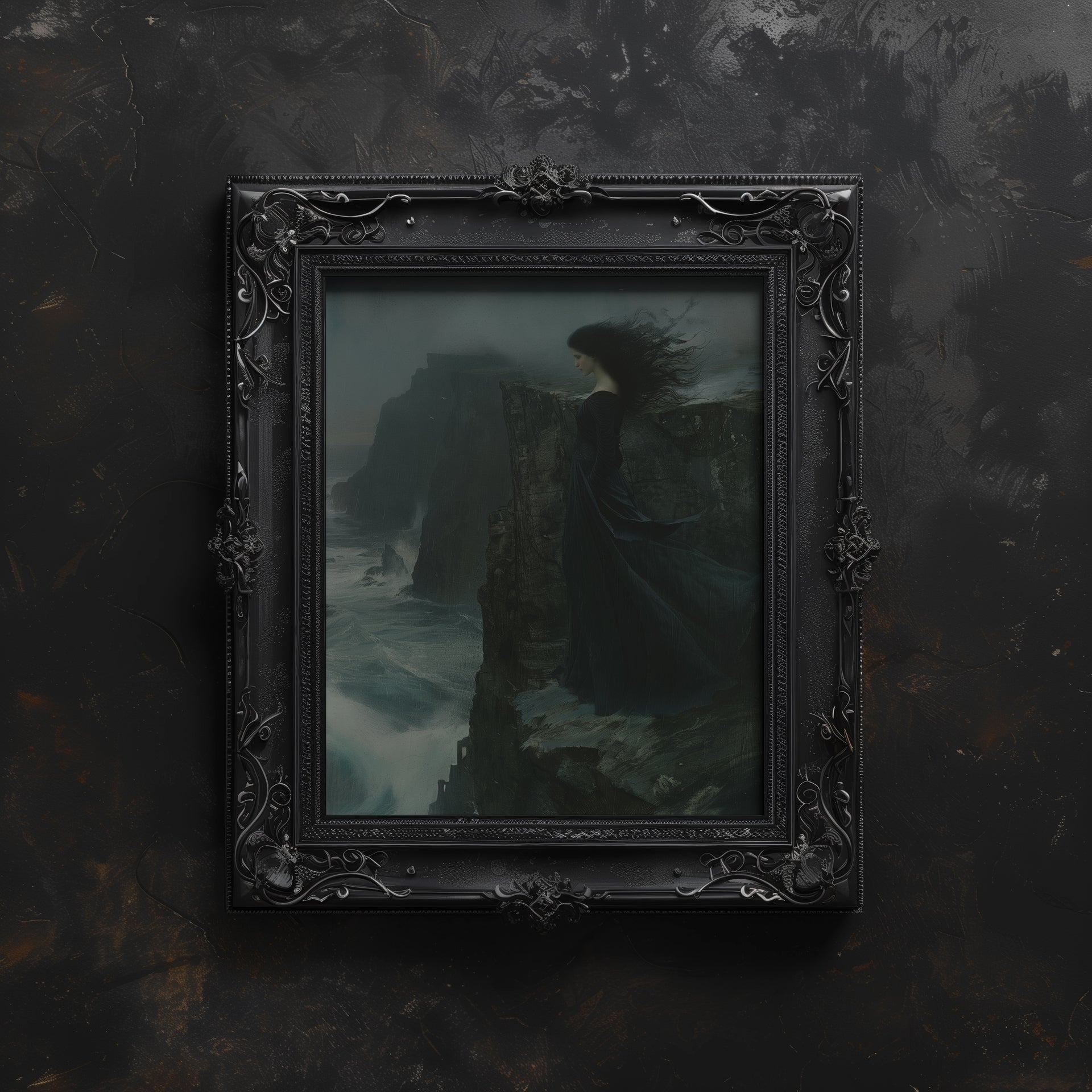 ornate black framed gothic coastal woman wall art print