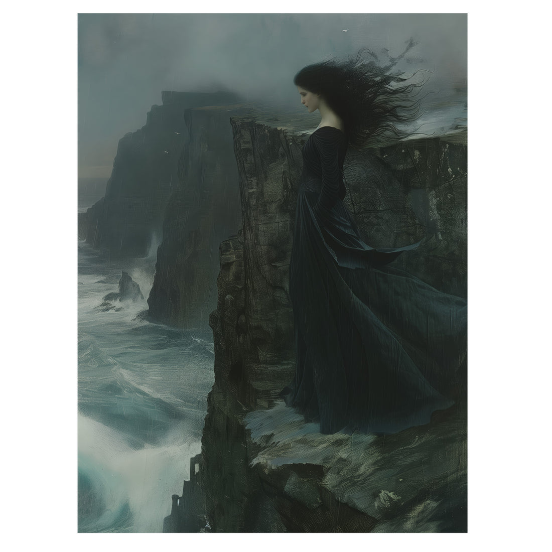 gothic coastal woman wall art print with solitary woman standing by stormy cliffs