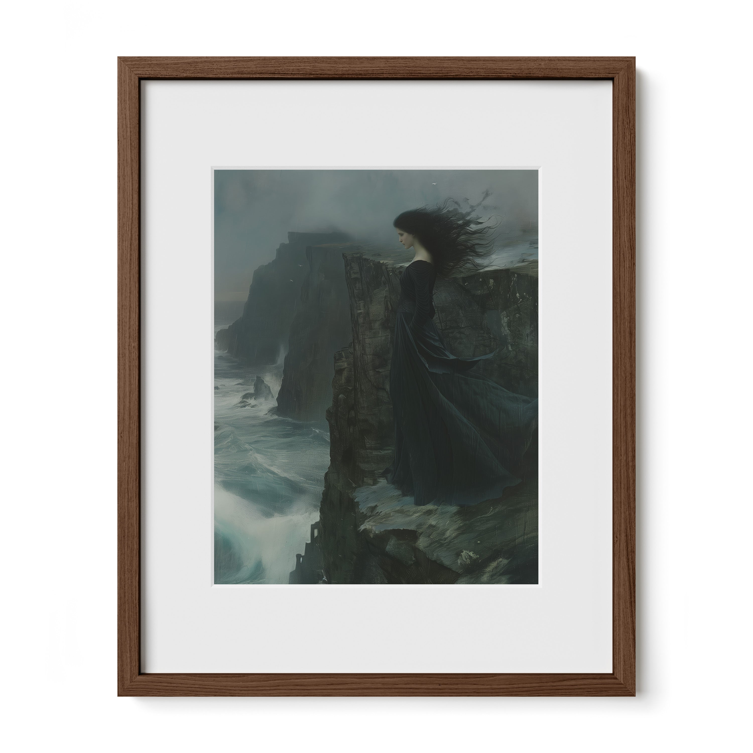 walnut framed moody coastal gothic print with mat