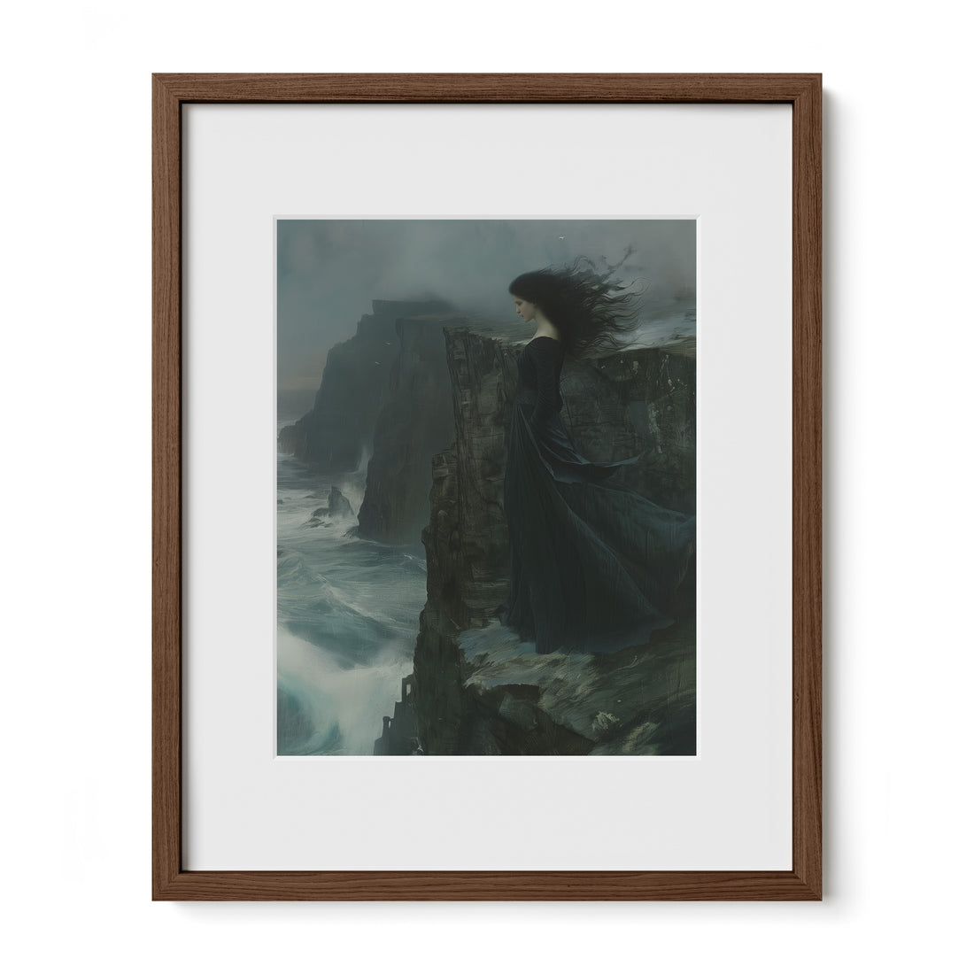 walnut framed moody coastal gothic print with mat