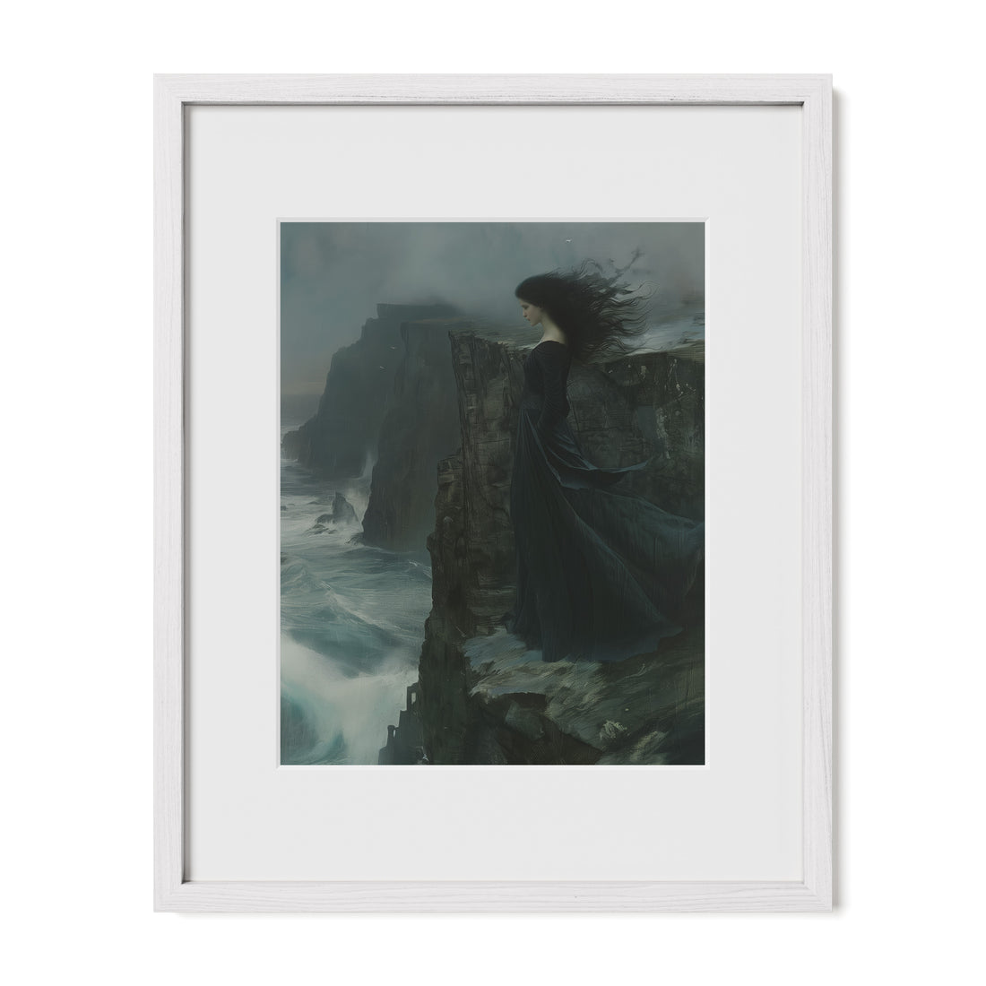 white framed dark feminine coastal wall art print with mat