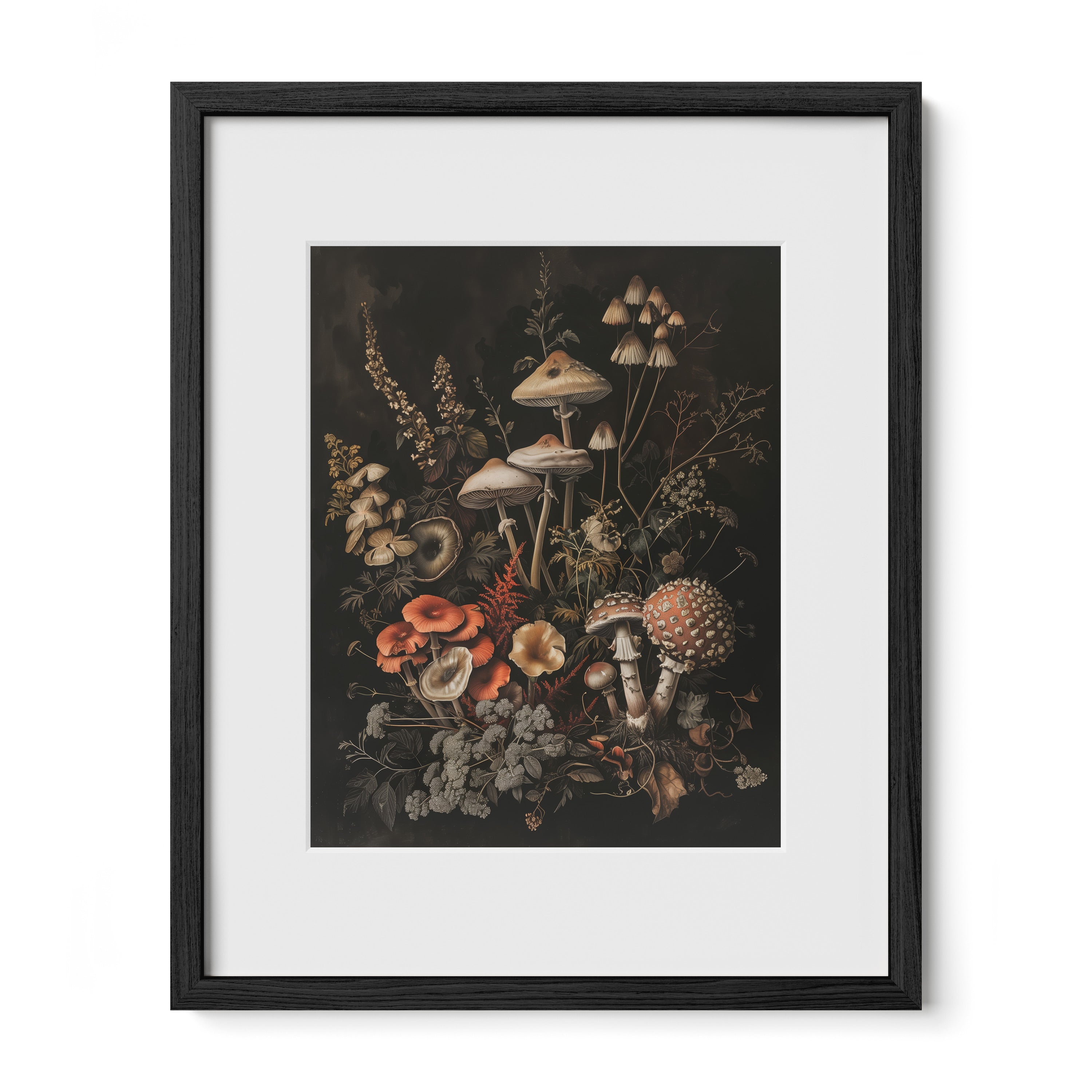 black framed woodland mushroom wall art print with mat