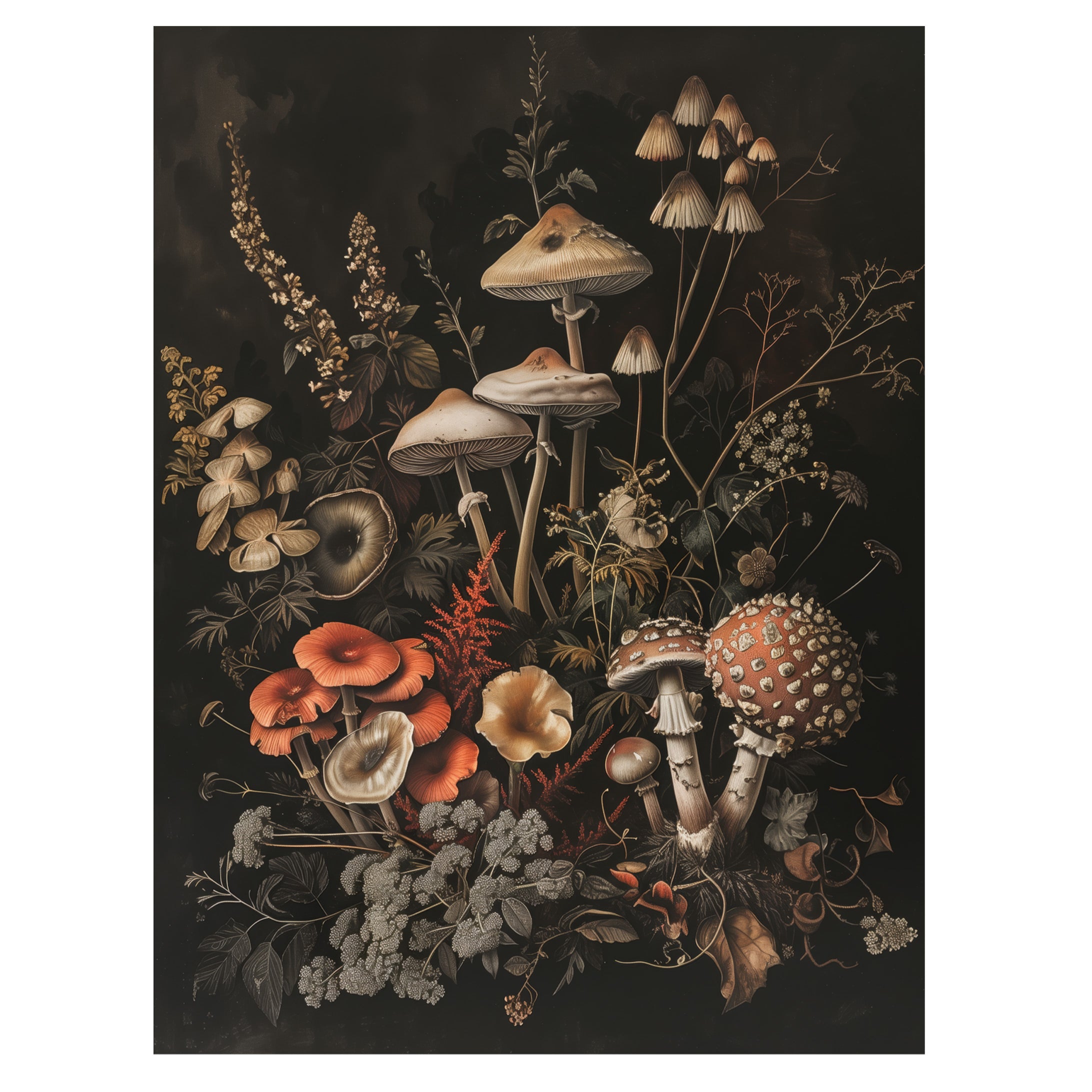 dark botanical mushroom wall art print with forest fungi and woodland toadstools