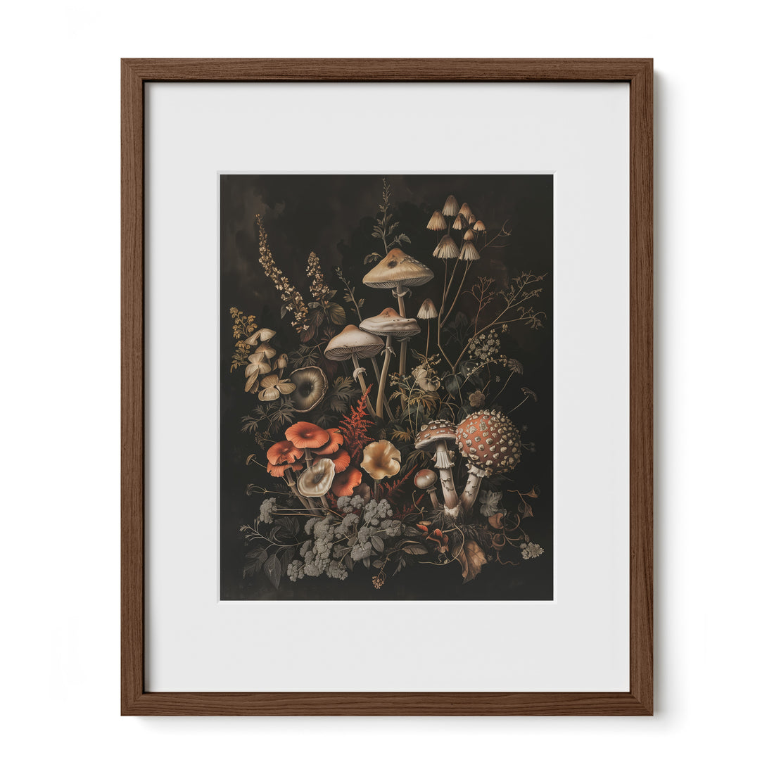 walnut framed goblincore mushroom art print with mat
